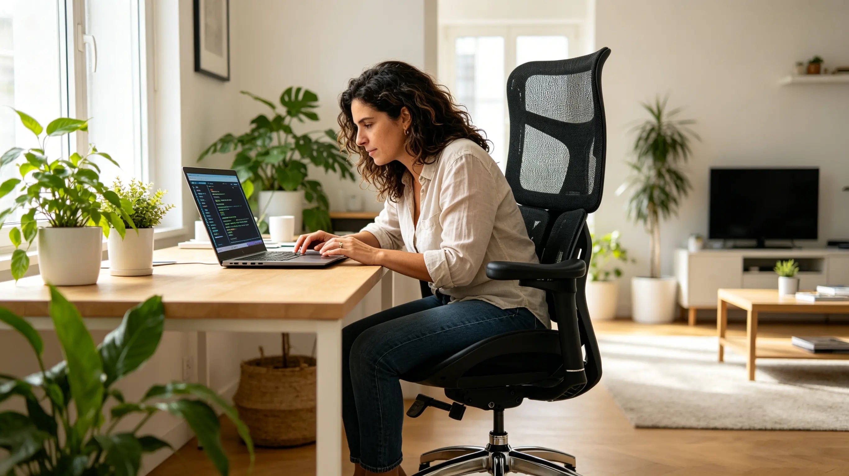 Núria revisando código para su app de turismo sentada en la mejor silla de oficina calidad precio de Ergo Select.