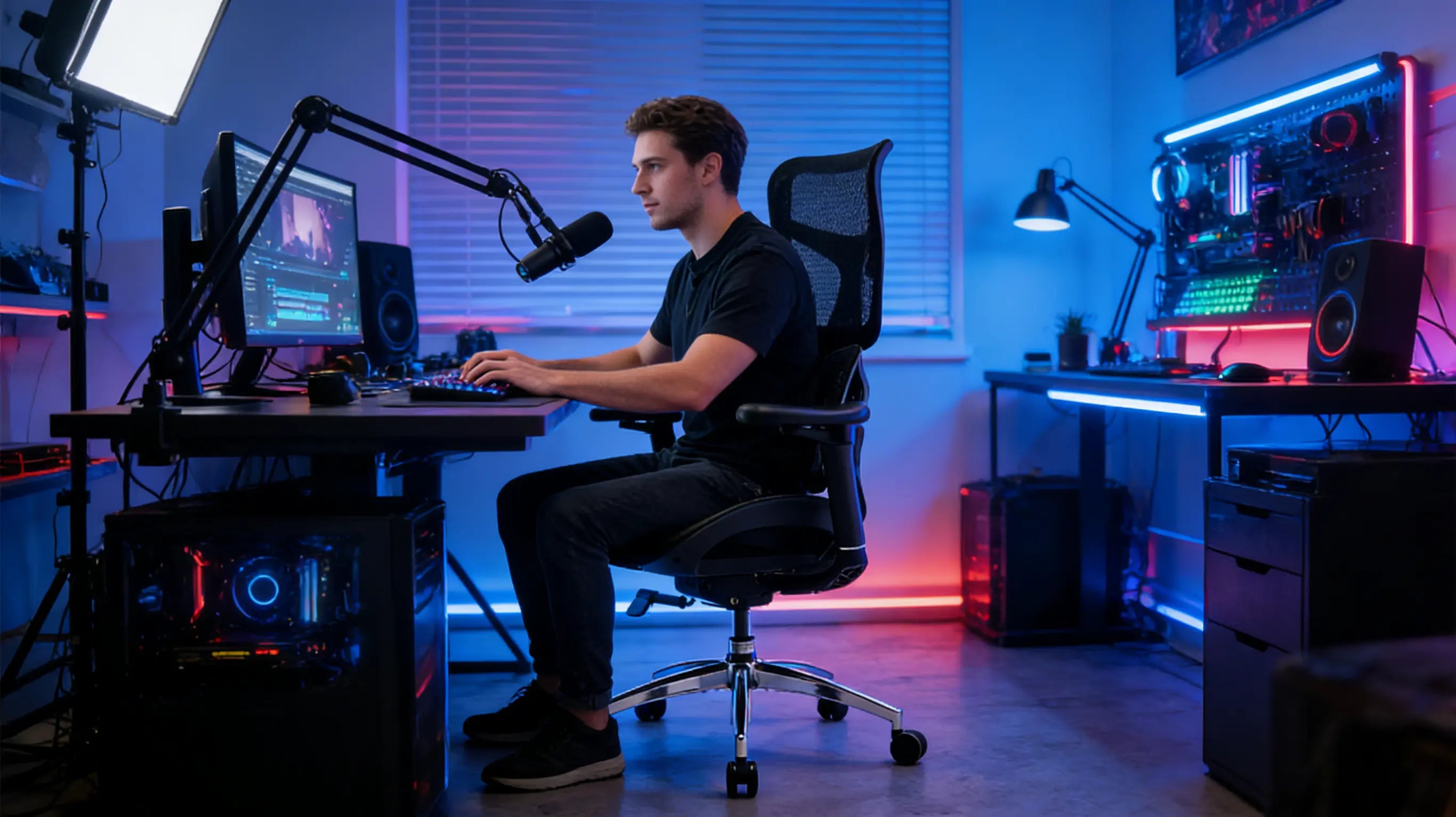 The Ergo Select mesh office chair in a professional content creator studio with studio lighting.