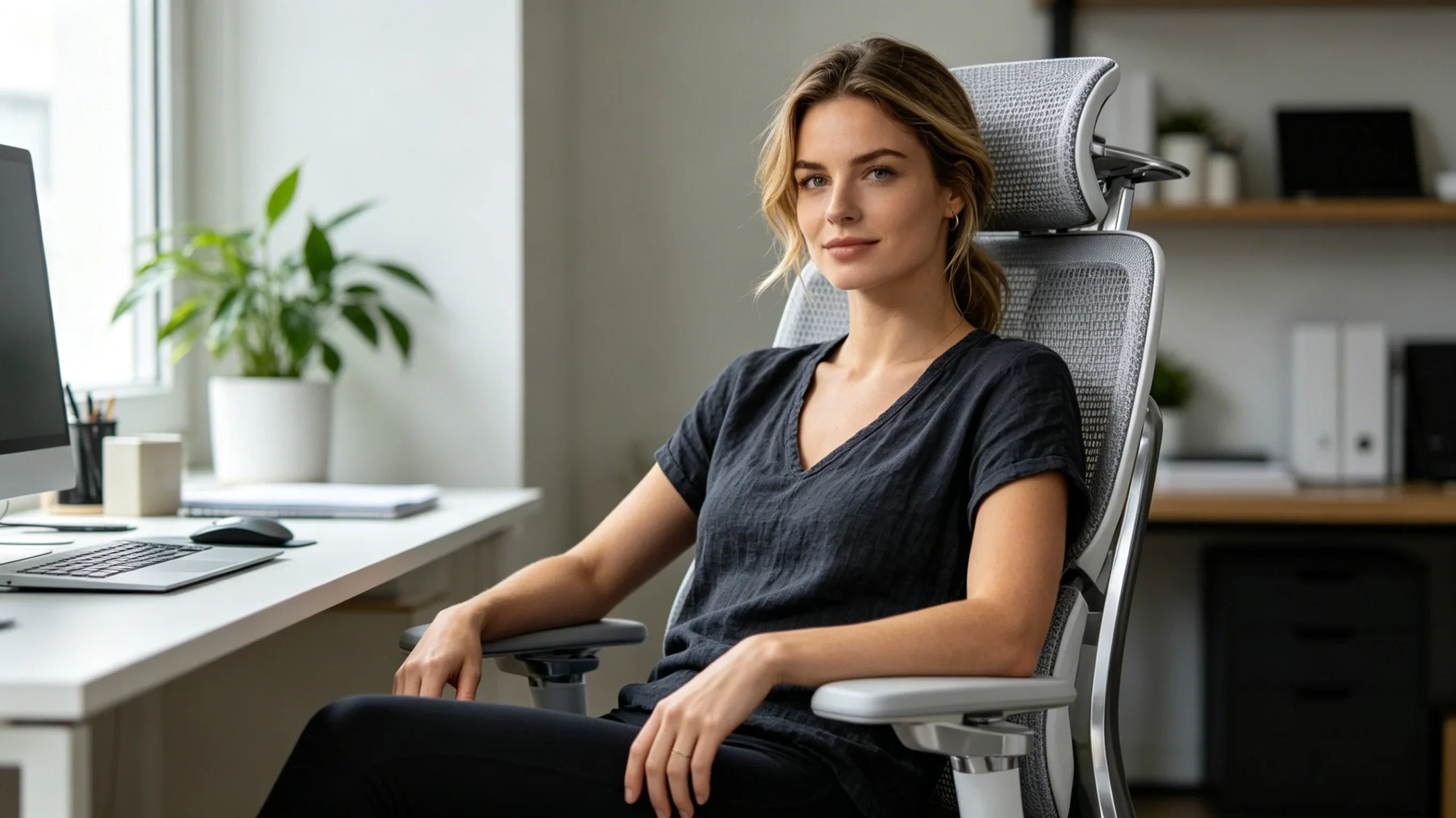 A professional European marketer experiencing the breathability of our [**mesh office chair**].