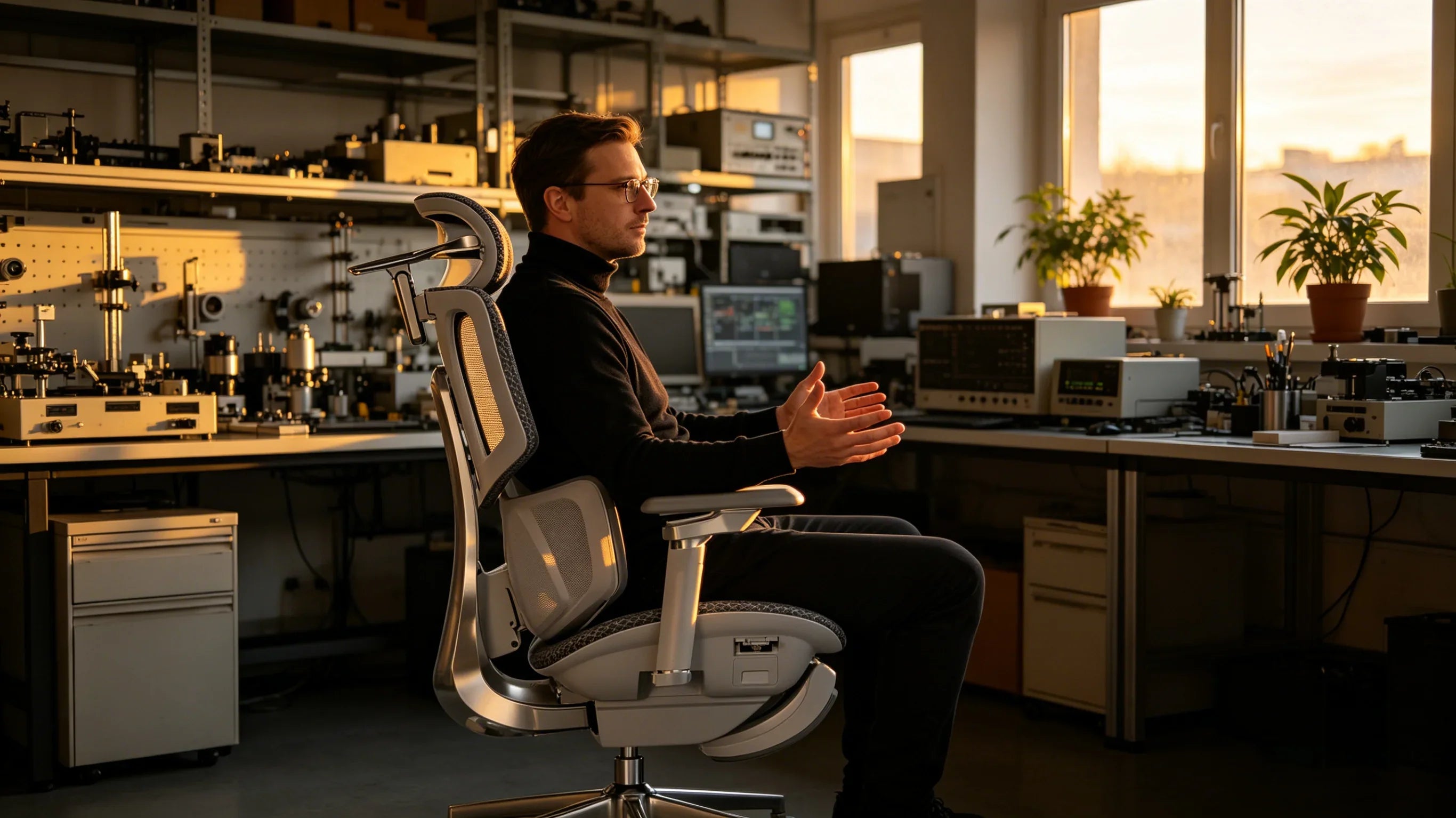 A professional European digital artist experiencing the automatic flow of an [**mesh office chairs**].
