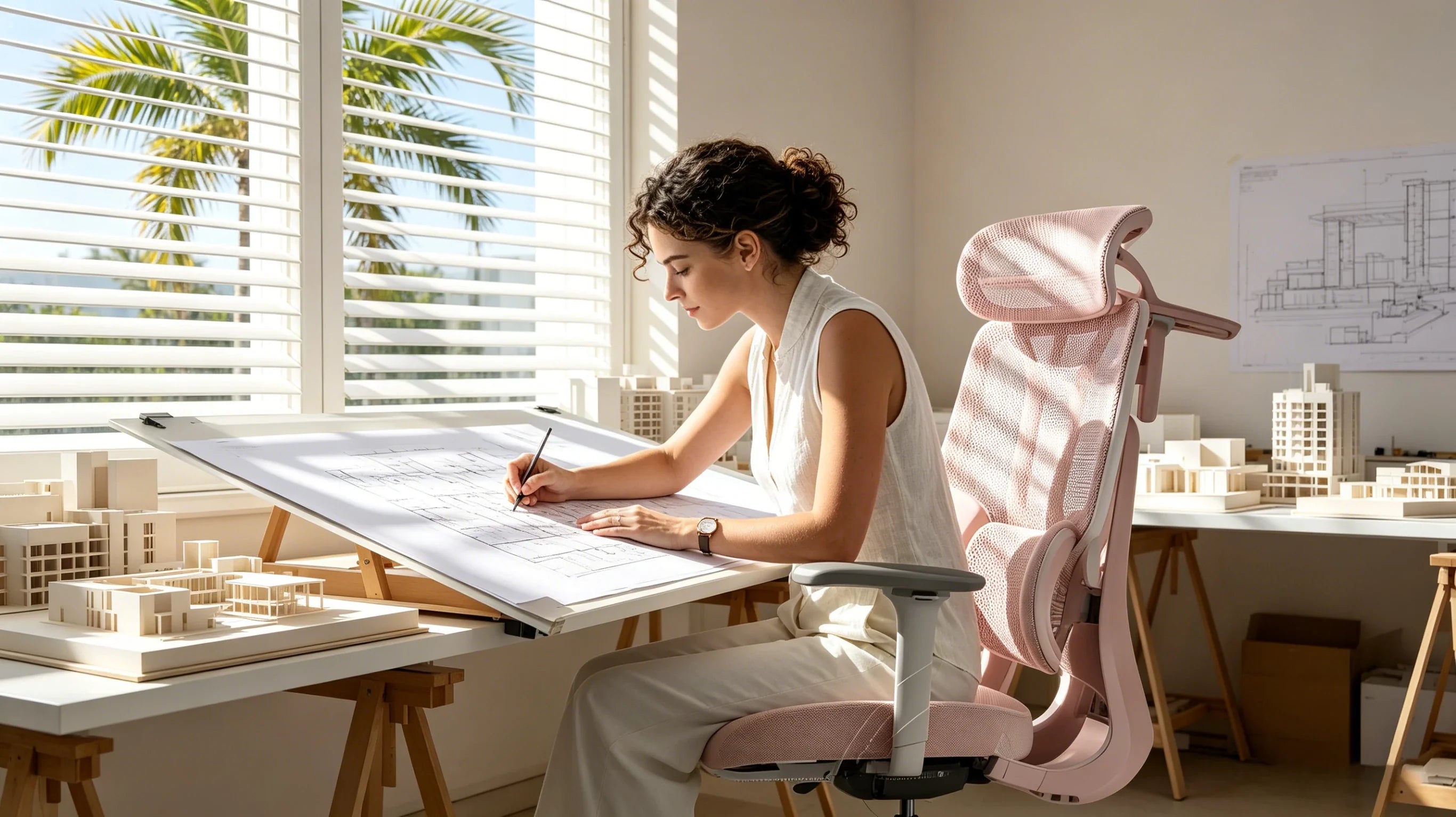 Maya reviewing blueprints while sitting in her pink [mesh office chairs].