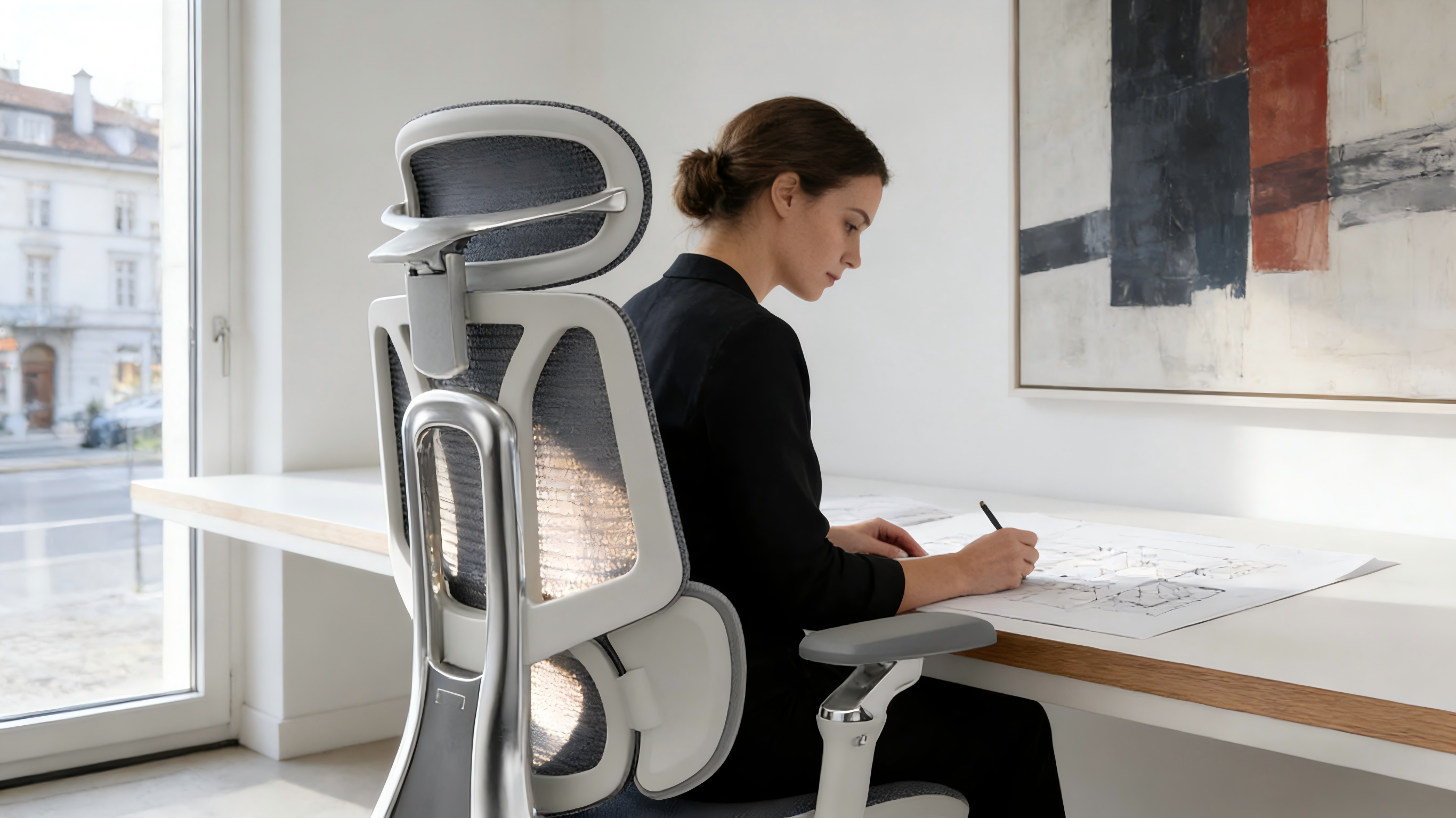 Space-saving ergo chair with 90-degree flip-up armrests