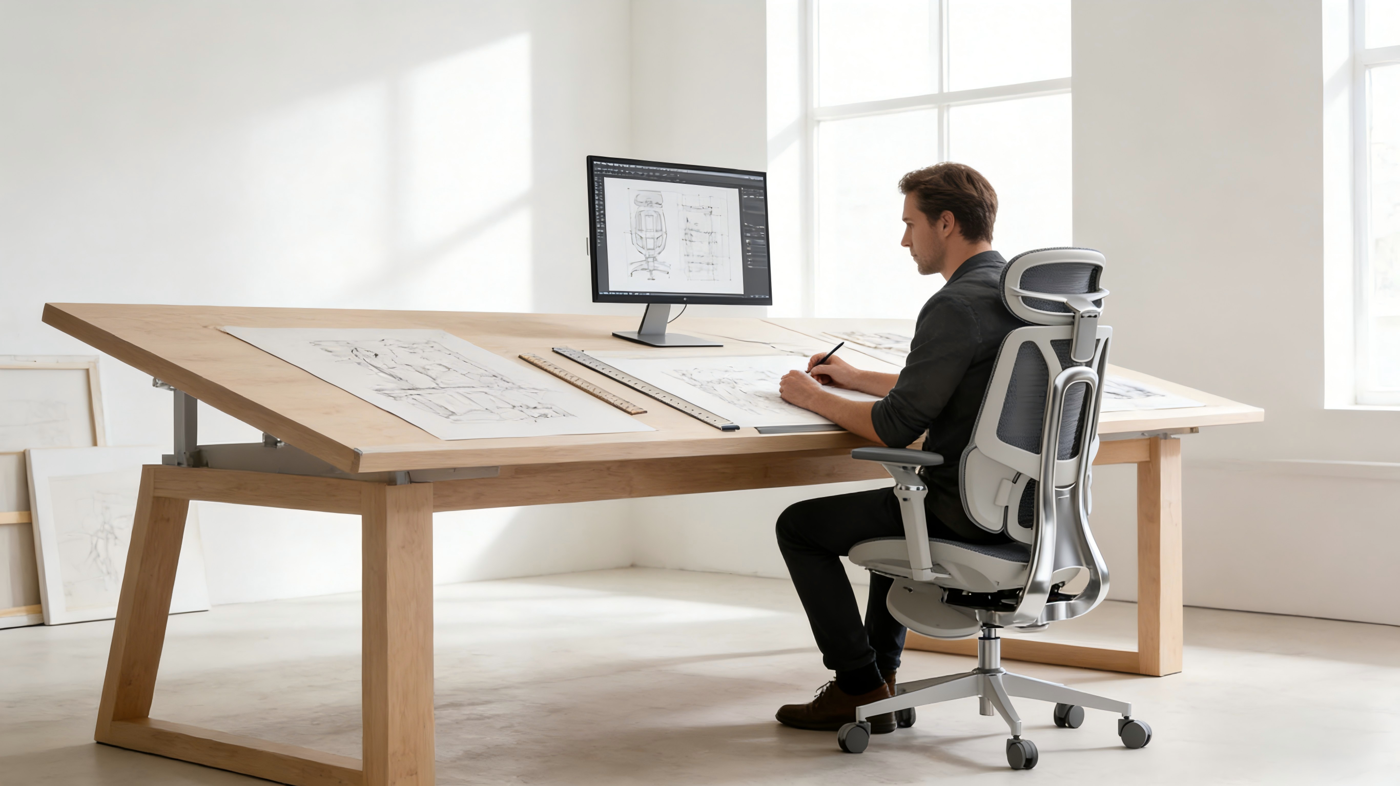 Aesthetic grey-white office desk chair ergonomic for professional art studios