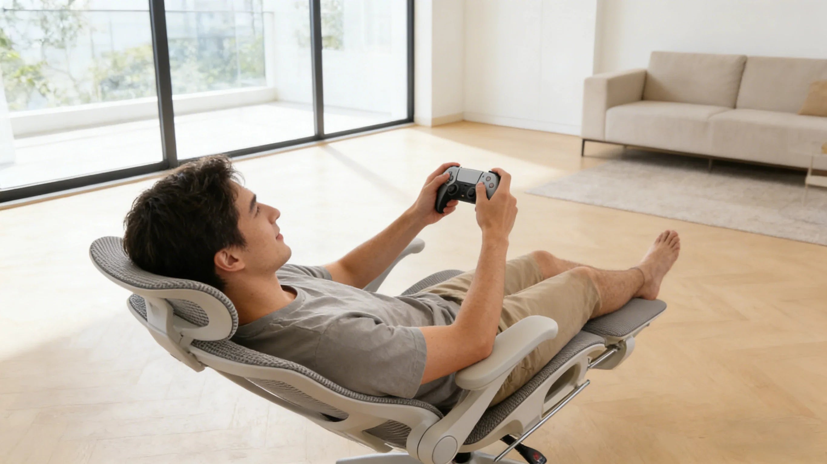 A relaxed gamer sitting in a sleek, high-back gaming armchair in a minimalist living room.