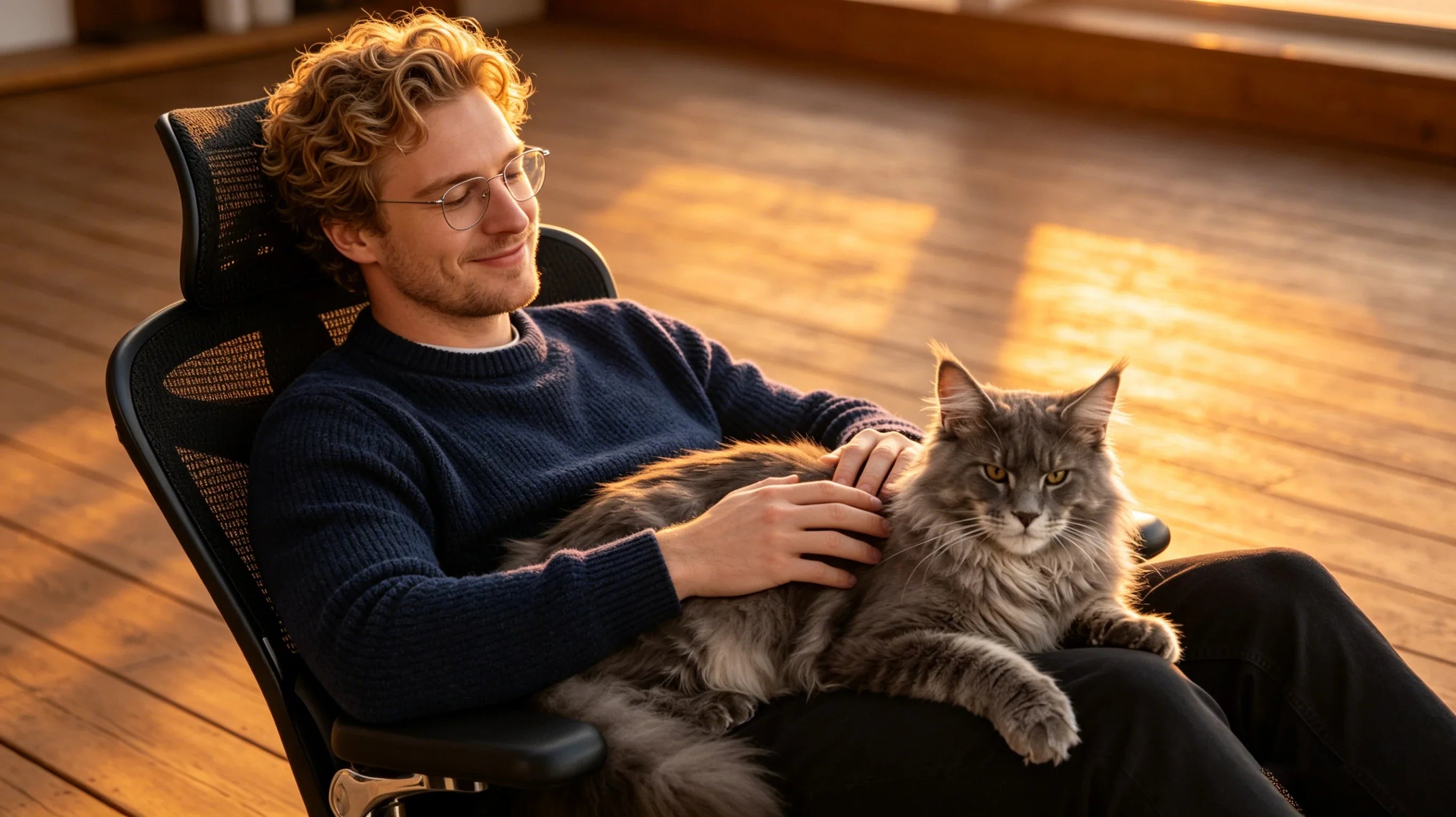 A 30-year-old male illustrator with curly hair and silver glasses working on a tablet in the [ergonomic gamer chair].