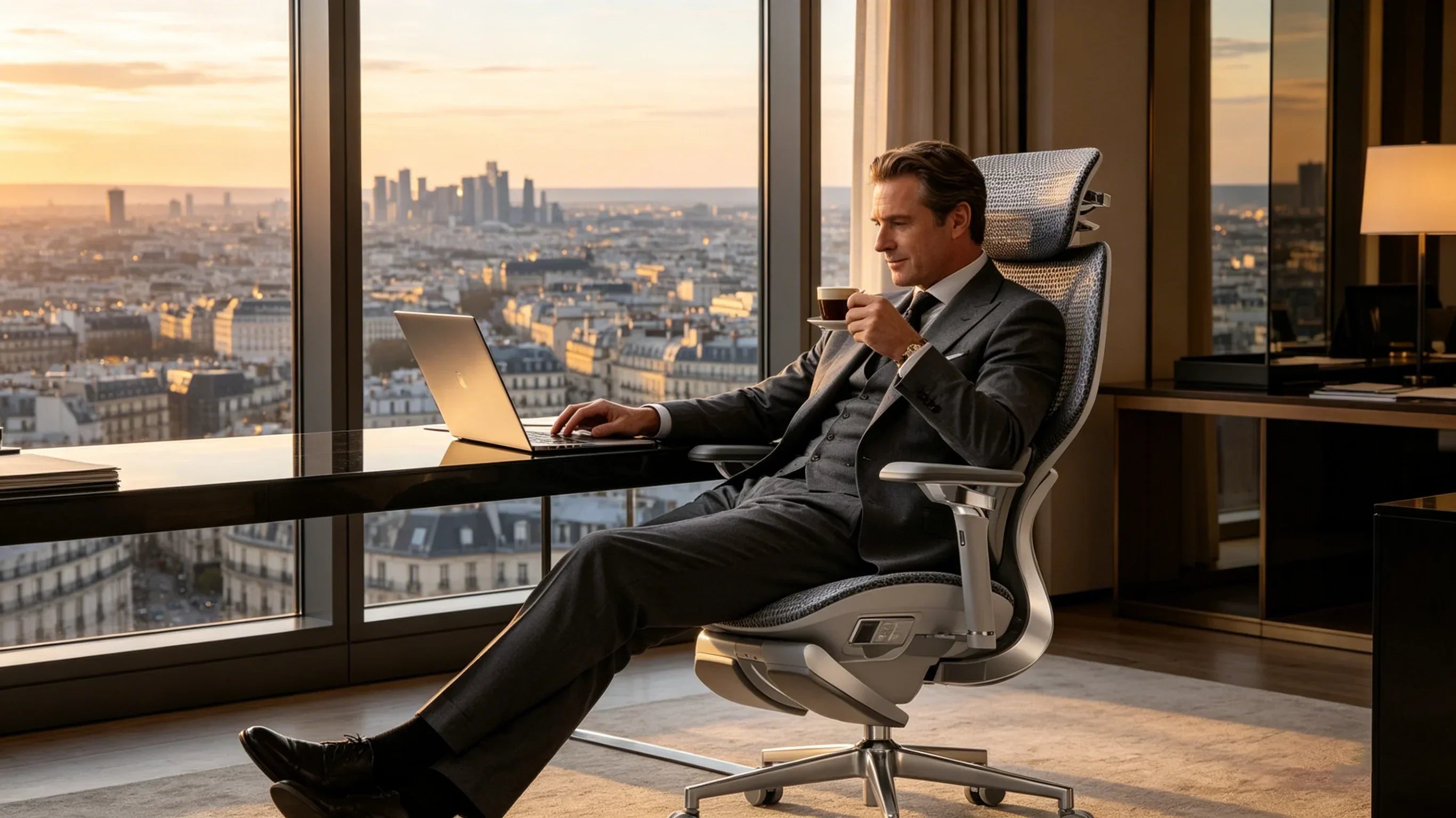 An elegant European editor experiencing the [**most comfortable desk chair**] in a luxury office.