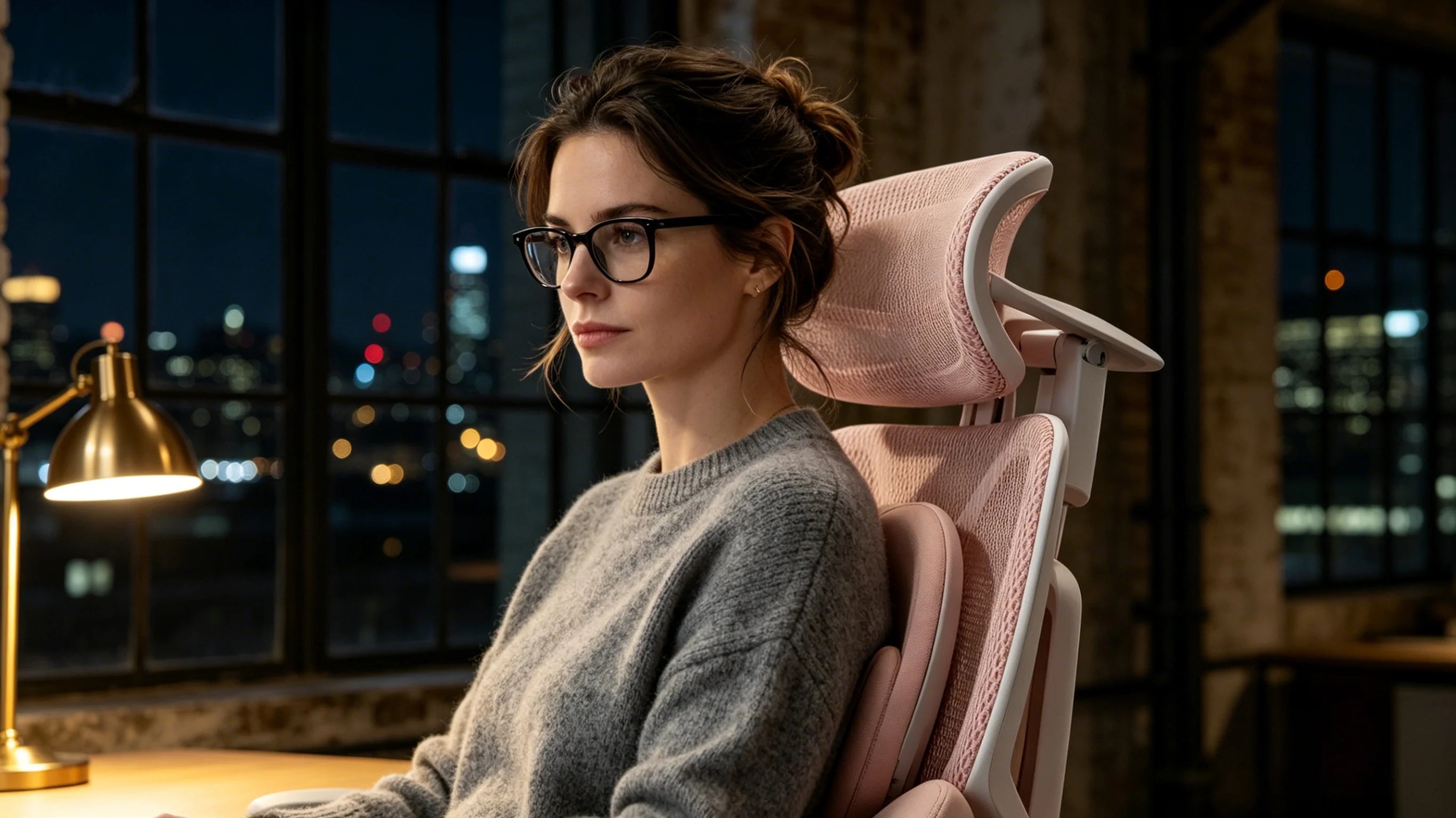 Elena focused on her laptop while seated in the [most comfortable desk chair] in her NYC loft.