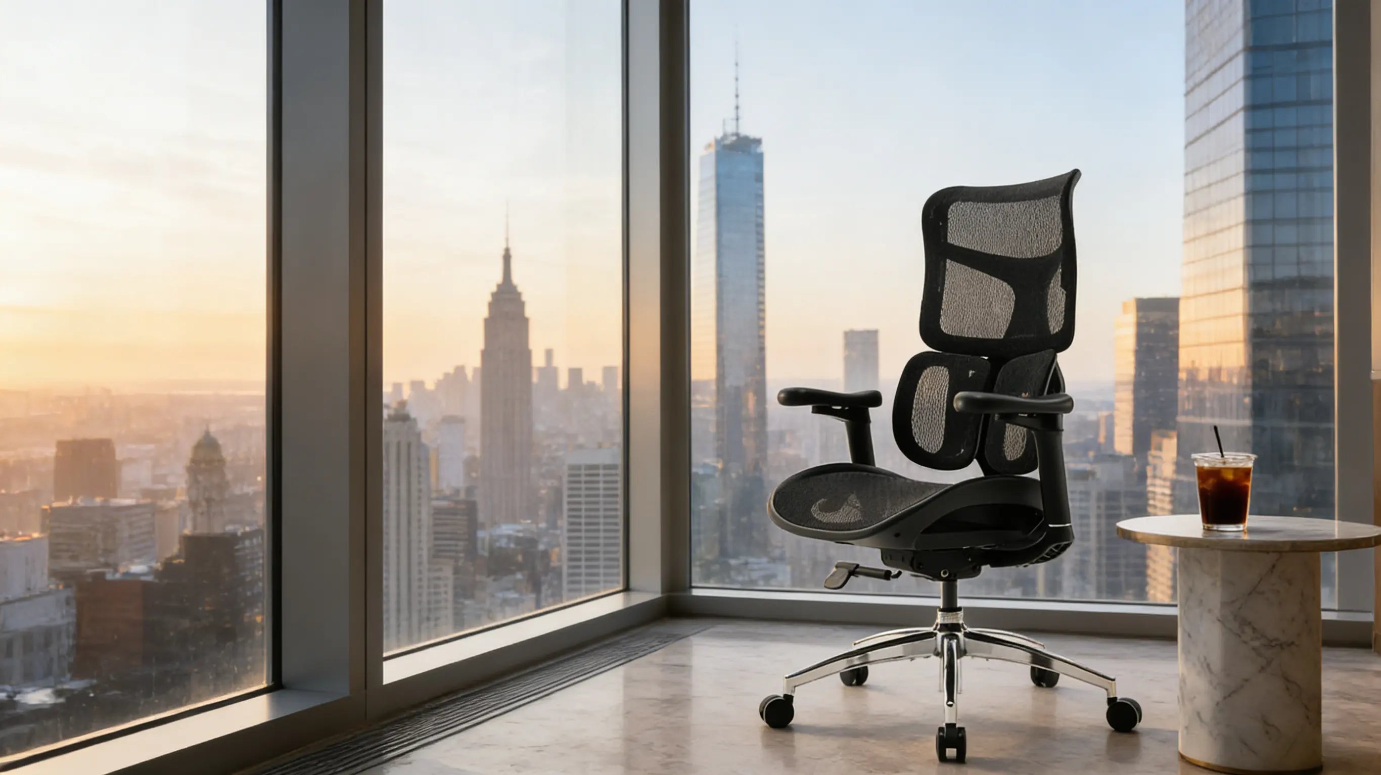 The Ergo Select Hybrid, the most comfortable desk chair, featured in a peaceful morning home office with a cup of coffee.