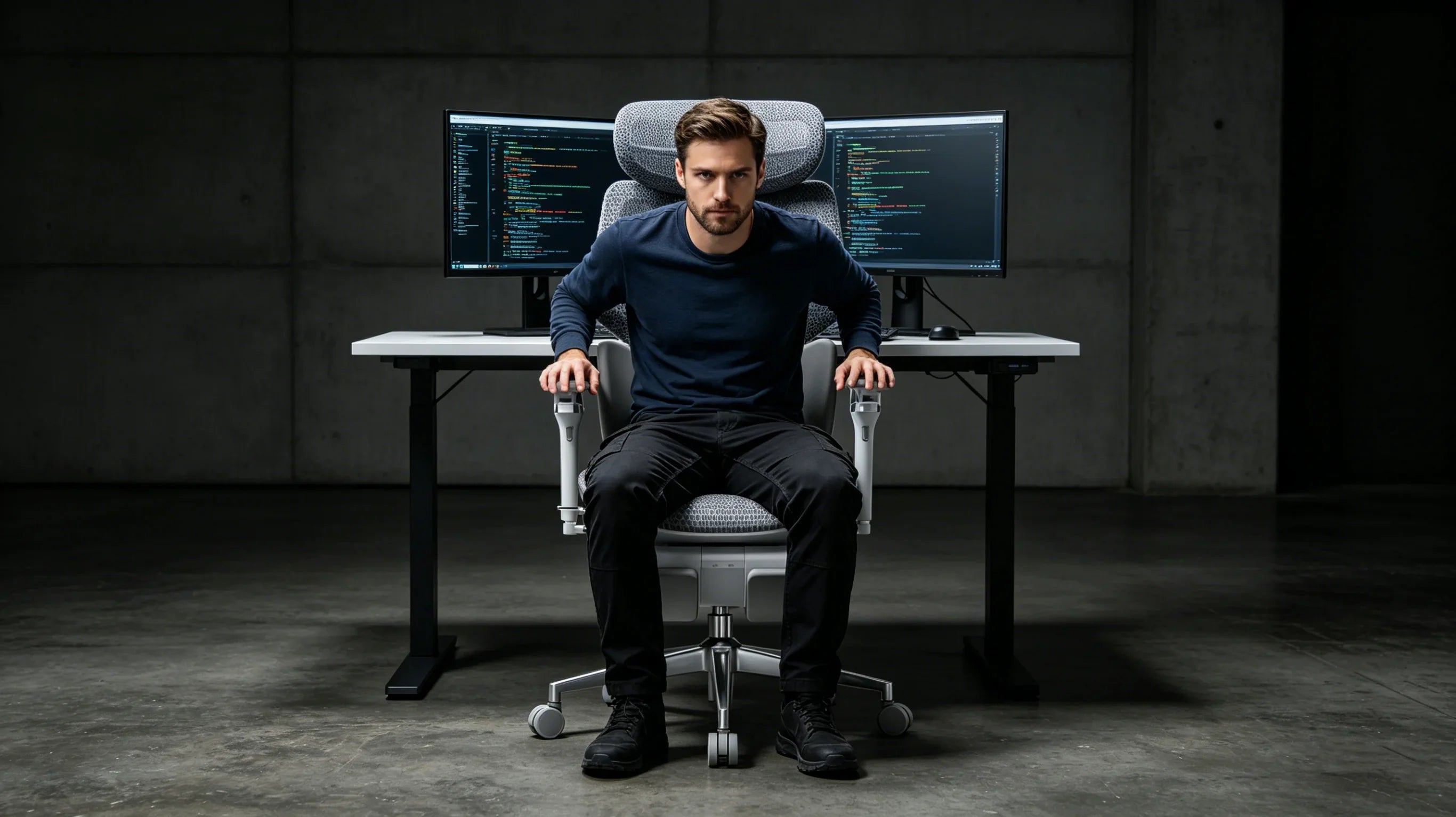 Male developer using the AI-720 [most comfortable office chair for long hours] in a tech studio.