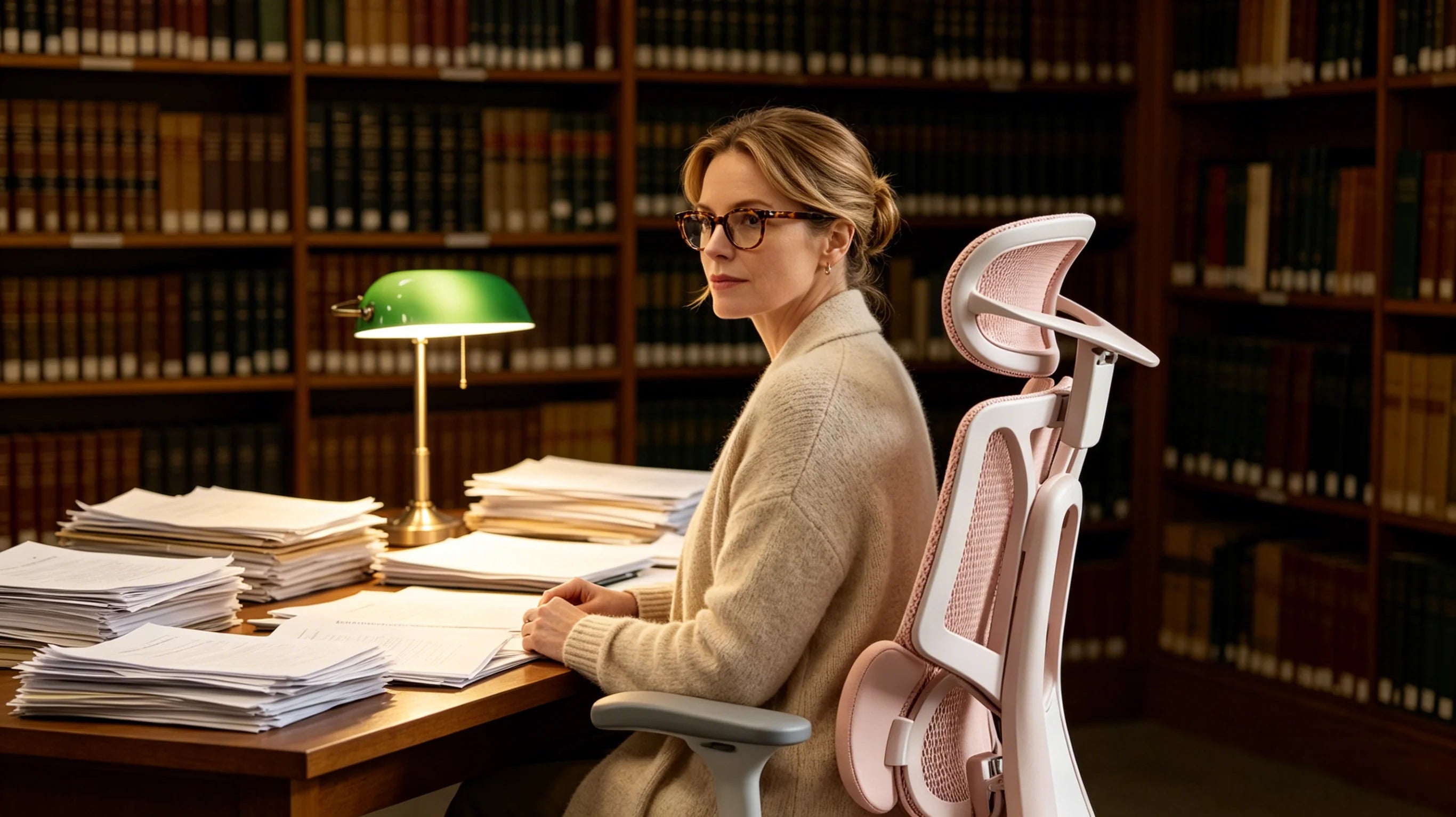 Eleanor editing academic papers in her pink [most comfortable office desk chair] in Boston.