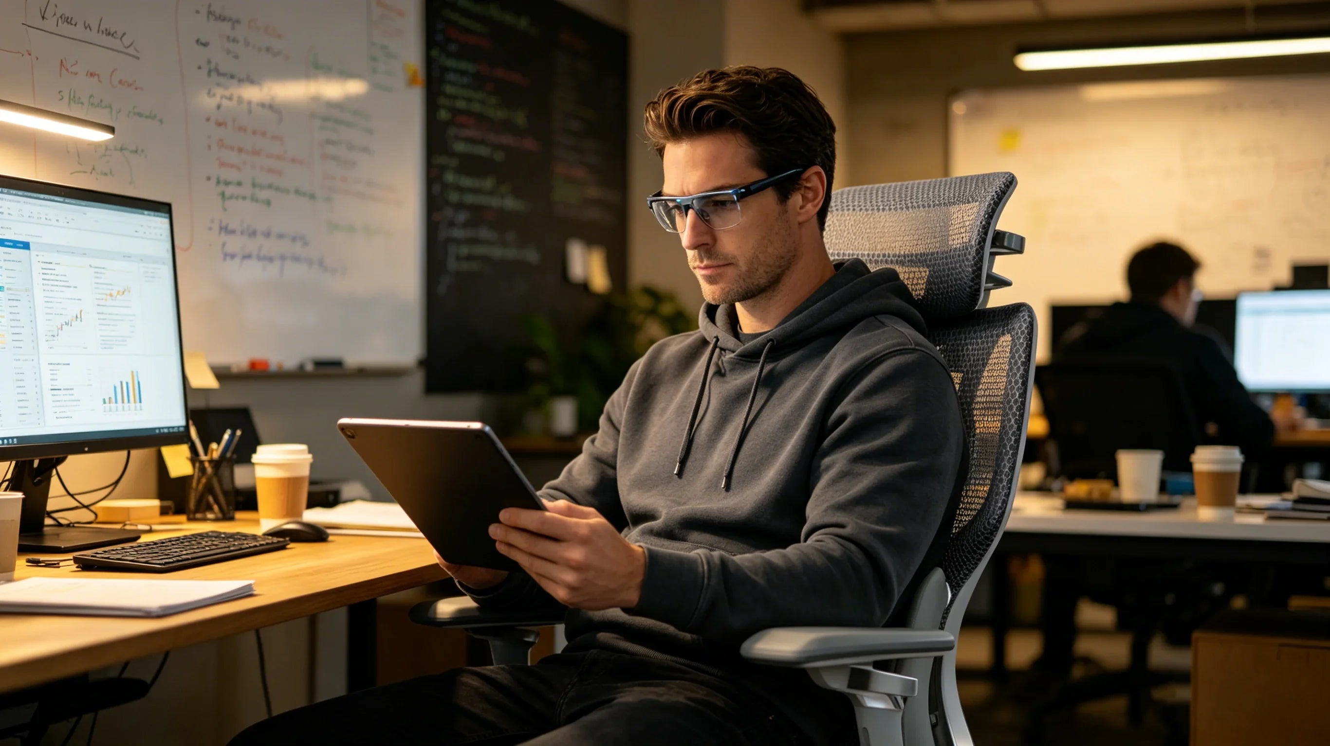 A European tech founder maintaining peak focus in the [**most comfortable office desk chair**].