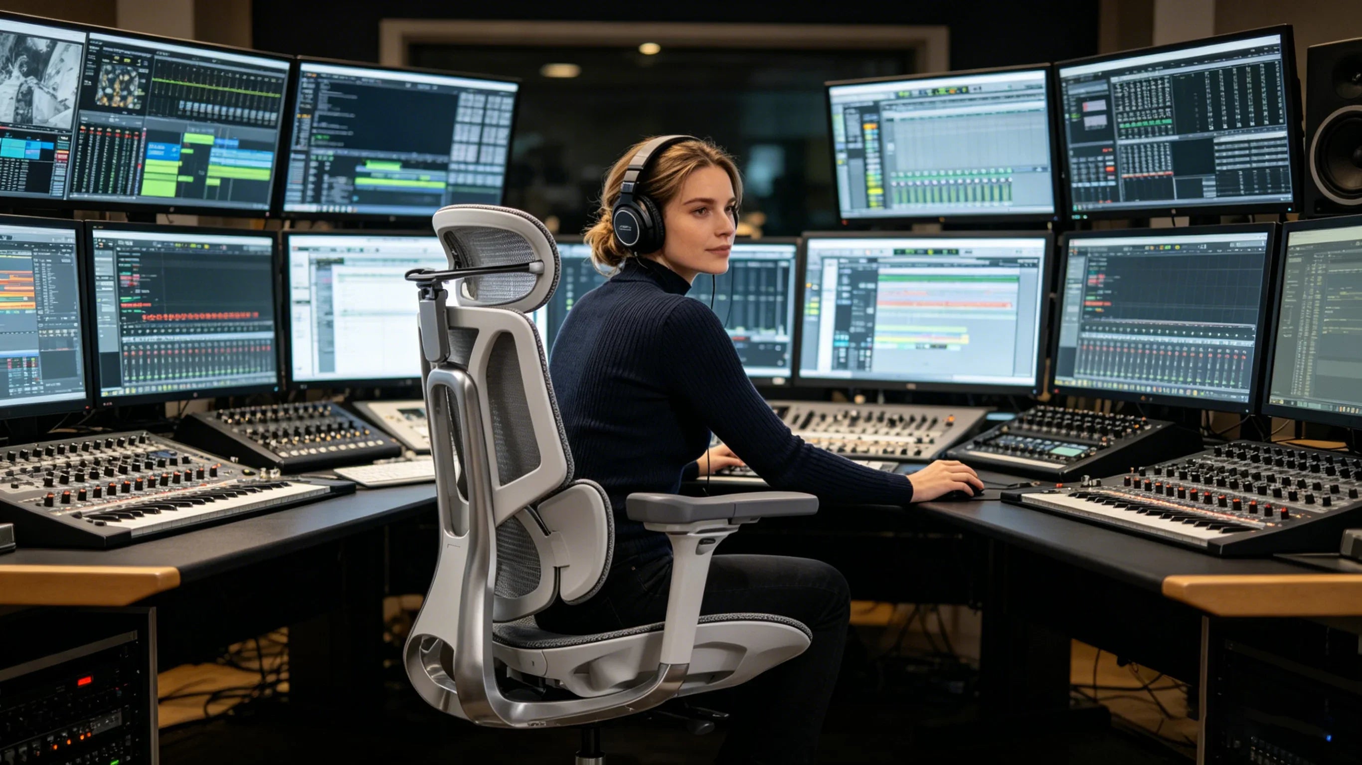 A professional European producer using the [**most comfortable office task chair**] in a high-tech studio.