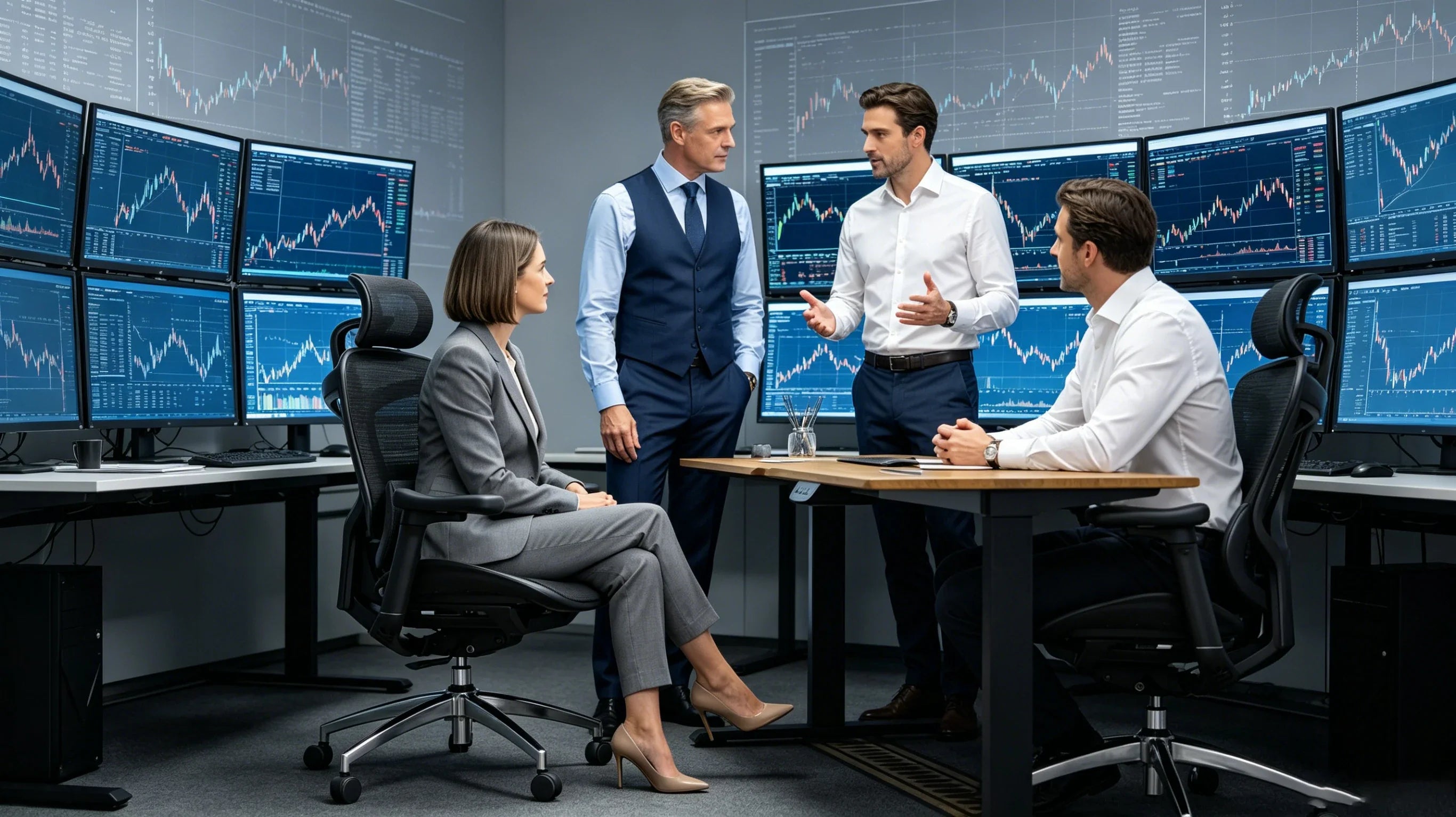 Full body view of a 45-year-old Caucasian female manager in a charcoal suit sitting in the [most comfortable office task chair].