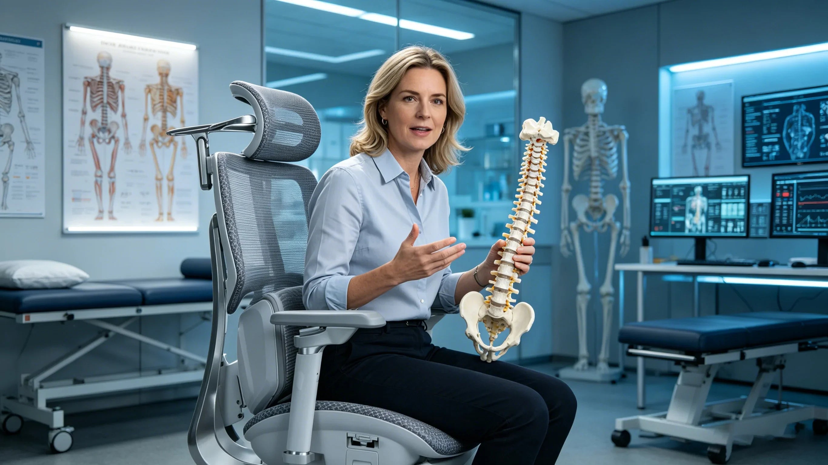Sarah, a 35-year-old Caucasian physiotherapist, pointing to the [most comfortable office task chair].