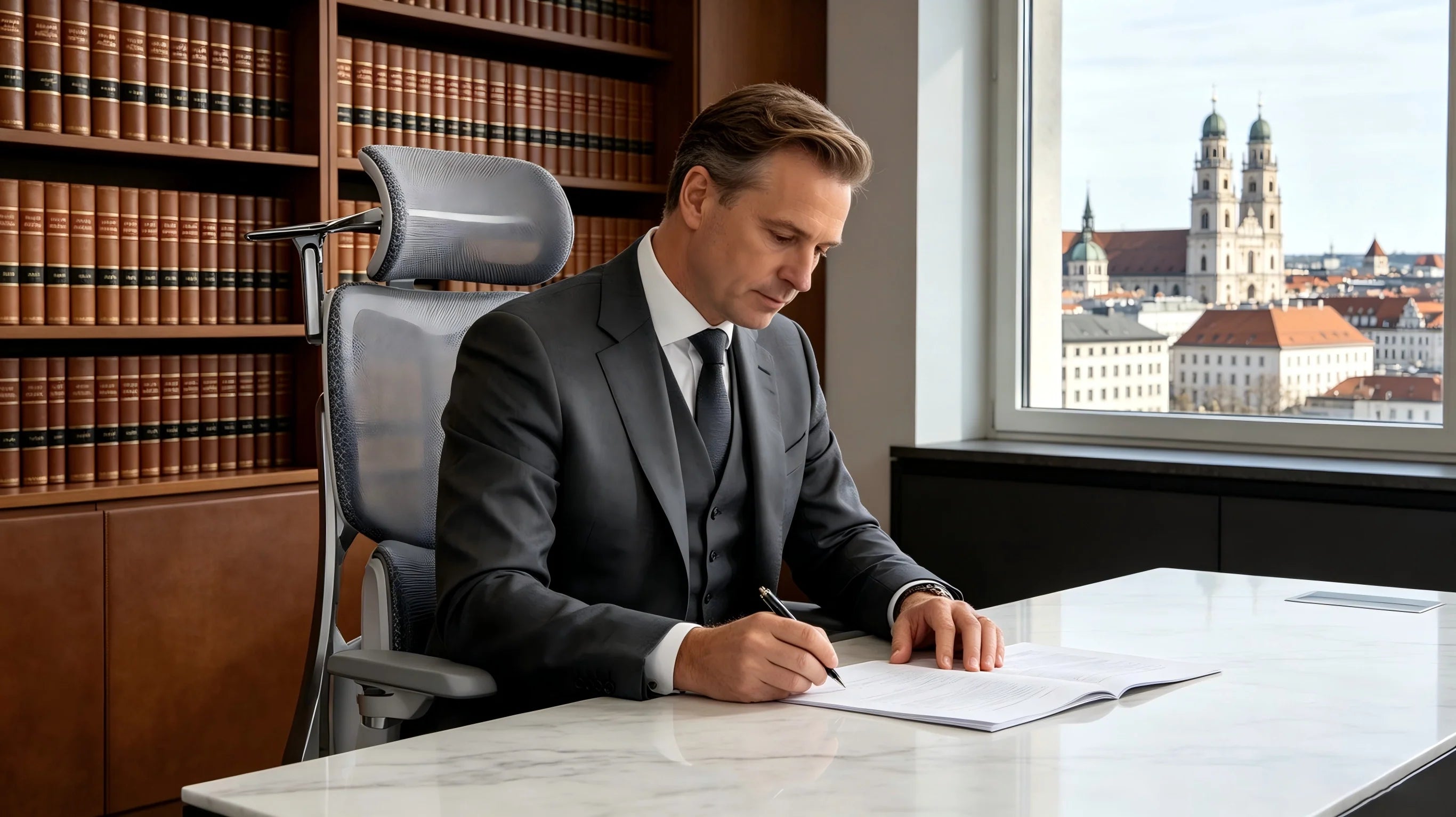 Flexible Unterarmstützung zur Entlastung von Nacken und Schultern bei der Aktenarbeit.