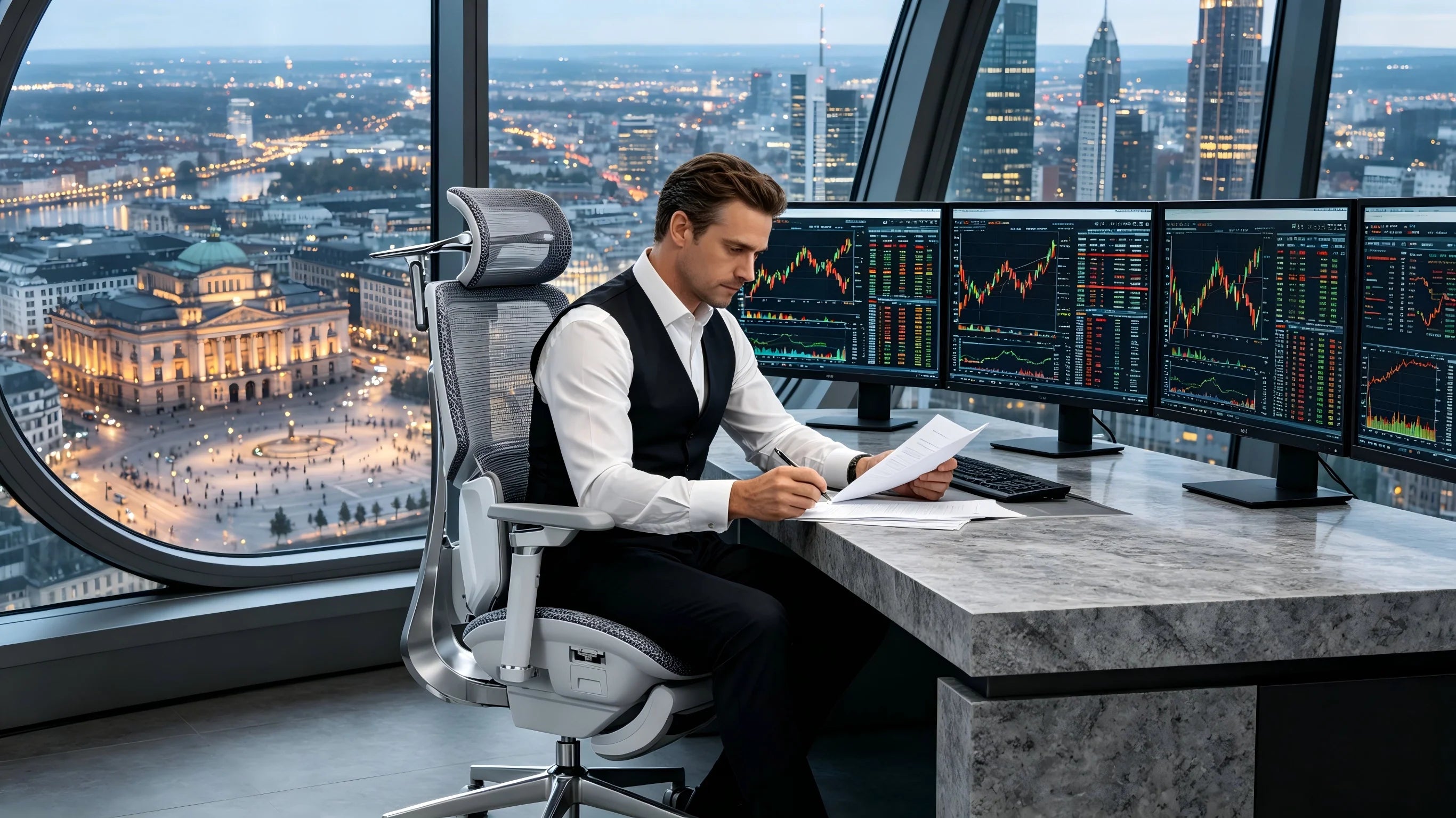 Ergonomische Unterarmunterstützung zur Entlastung des Schultergürtels bei stundenlangen Analysen.