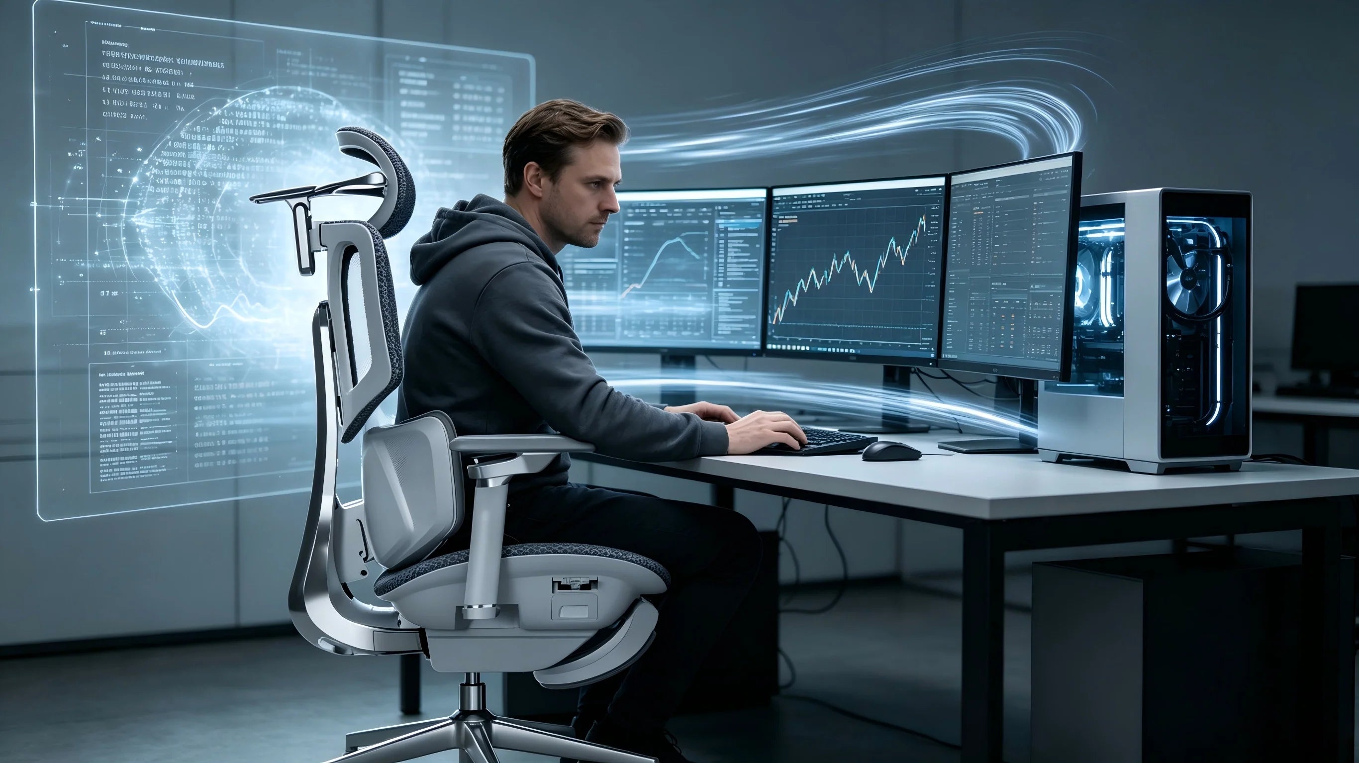 Dynamische Armunterstützung zur Entlastung des Schultergürtels bei der Softwareentwicklung.