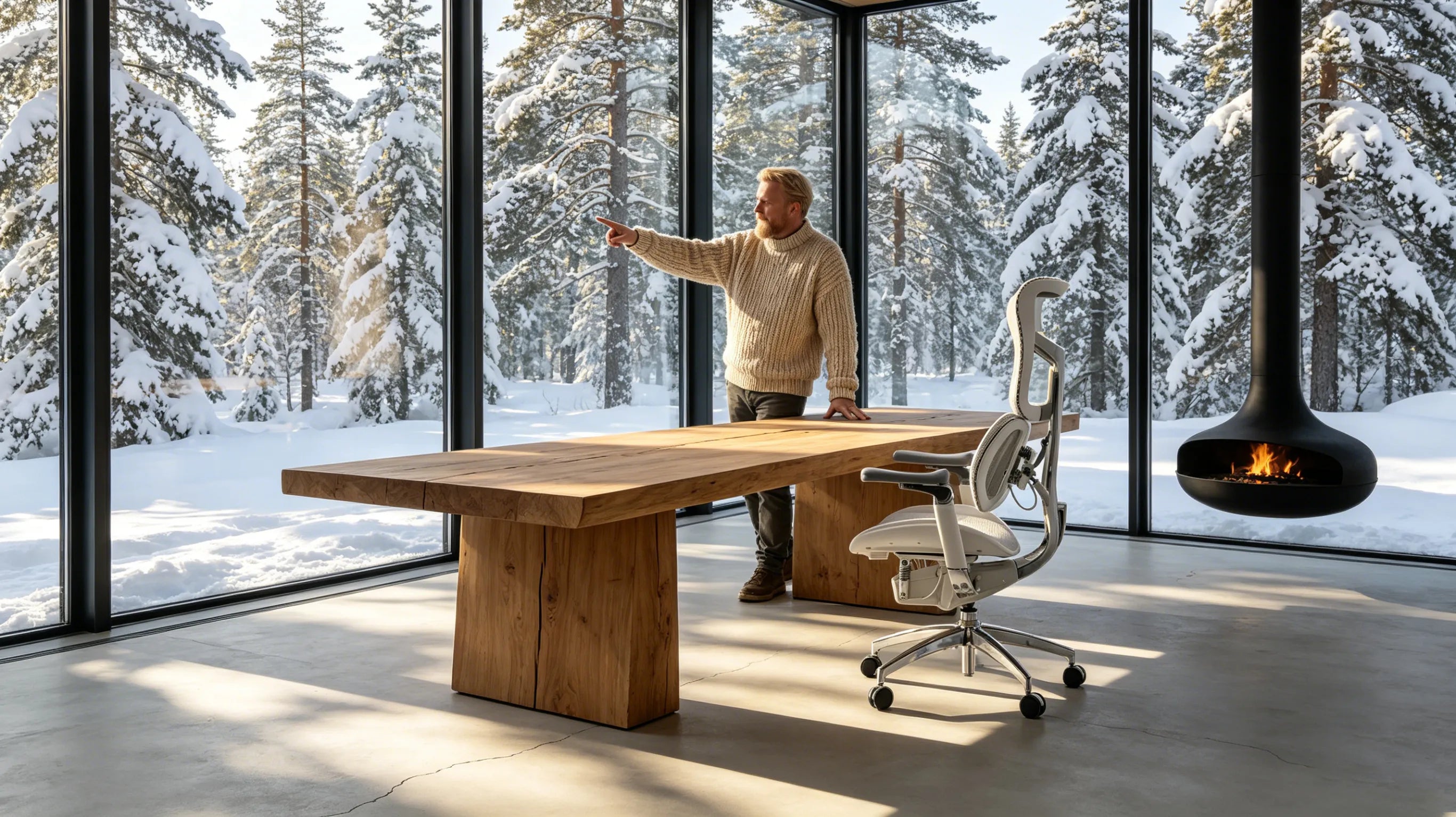 A senior Caucasian architect standing next to the best ergo desk chair inside a snowy forest glass studio.
