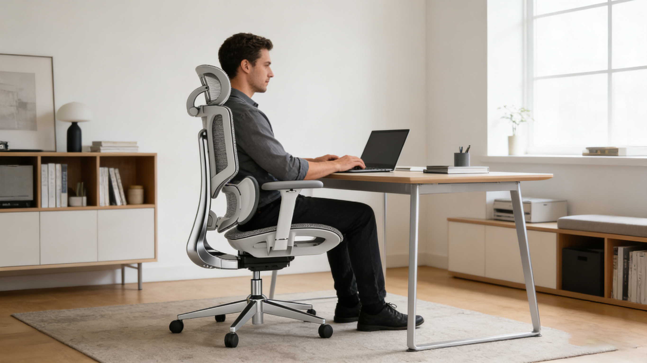 A cybersecurity analyst in Austin working late in a tech-heavy server room with a supportive mesh seat.