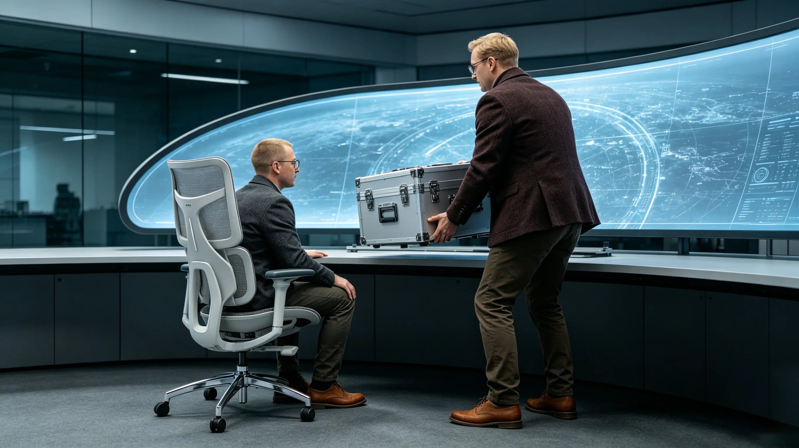 A wide full body panoramic view of Dr. Kieran Sterling directing maritime drones while supported by an [ergonomic computer chair].