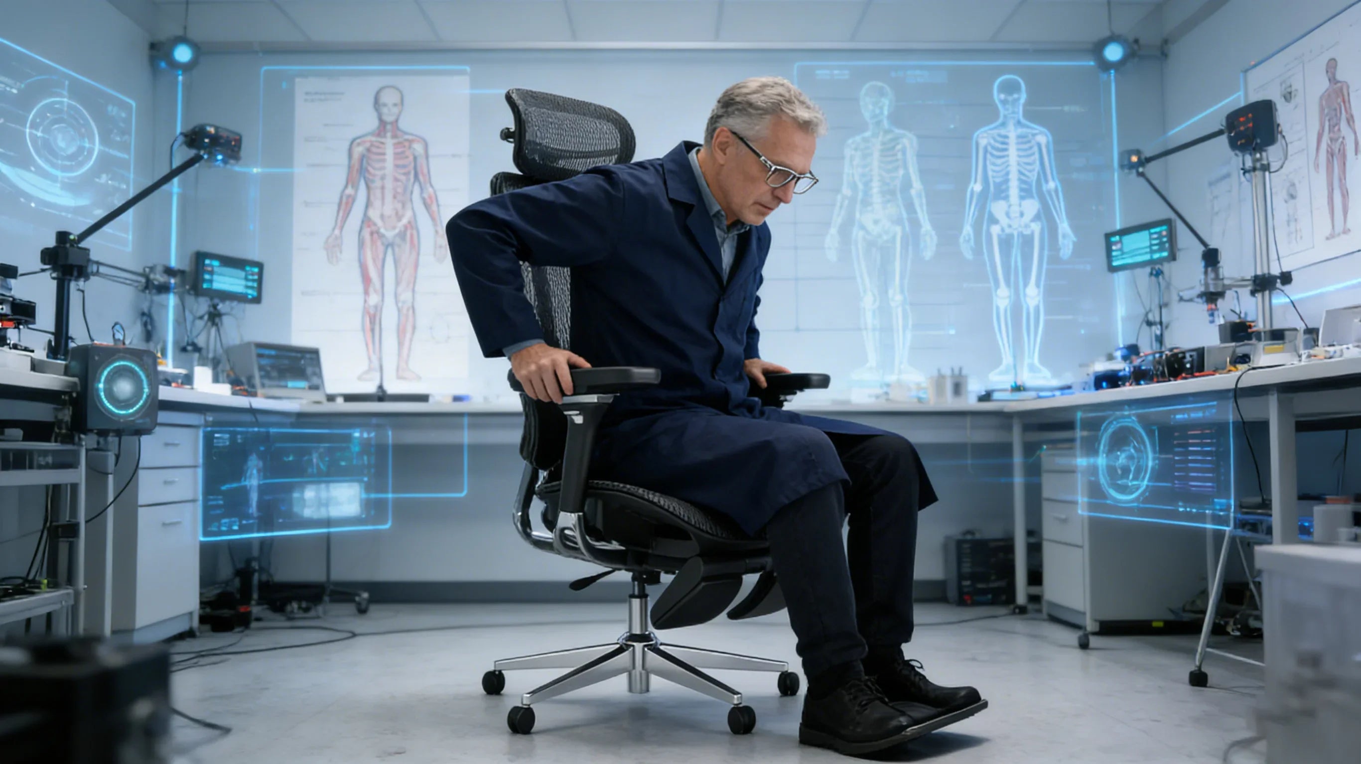 A European biomechanical engineer analyzing [**office chair back support**].