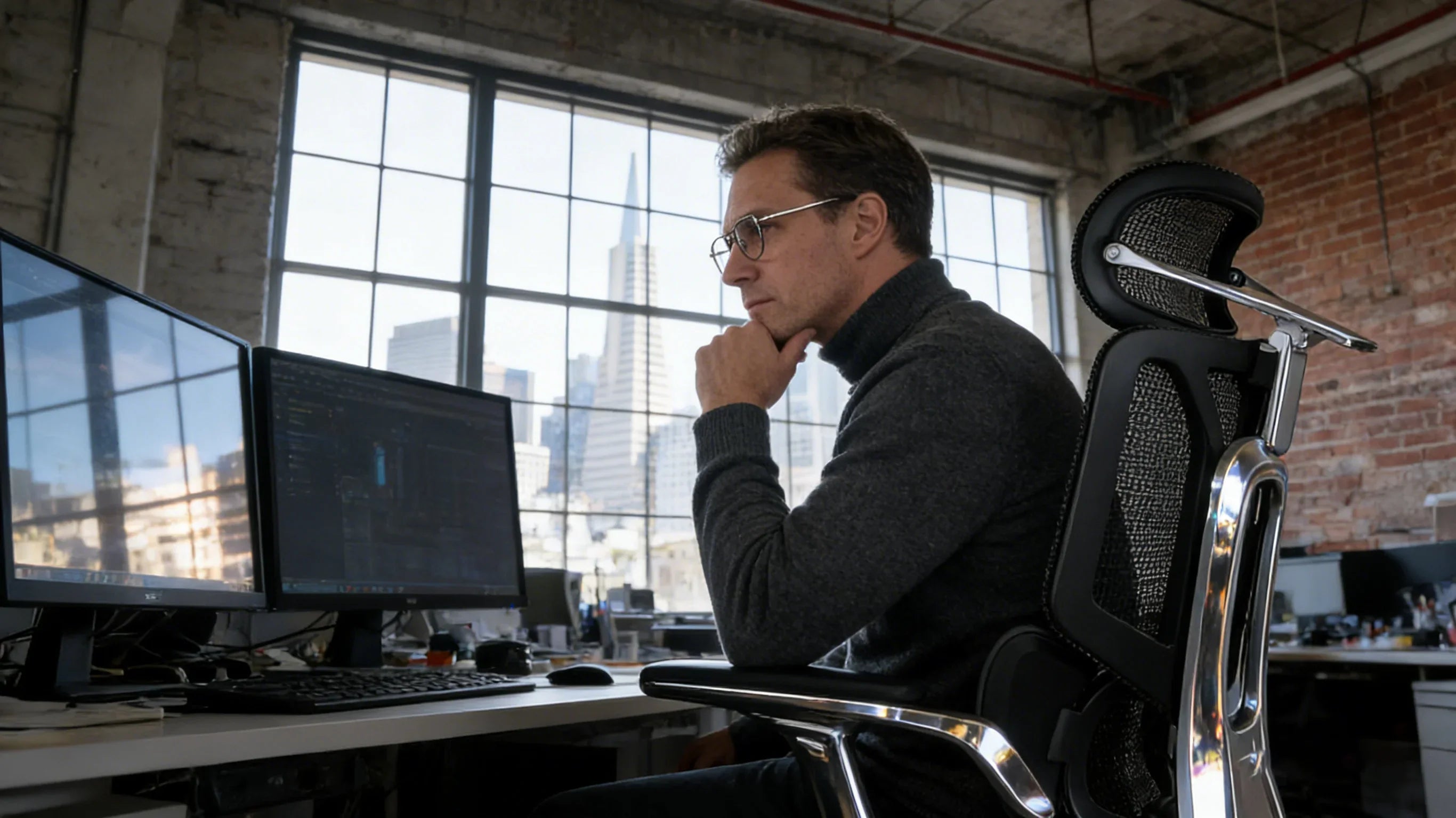 A European tech founder focusing in his [**office chair ergonomic**].