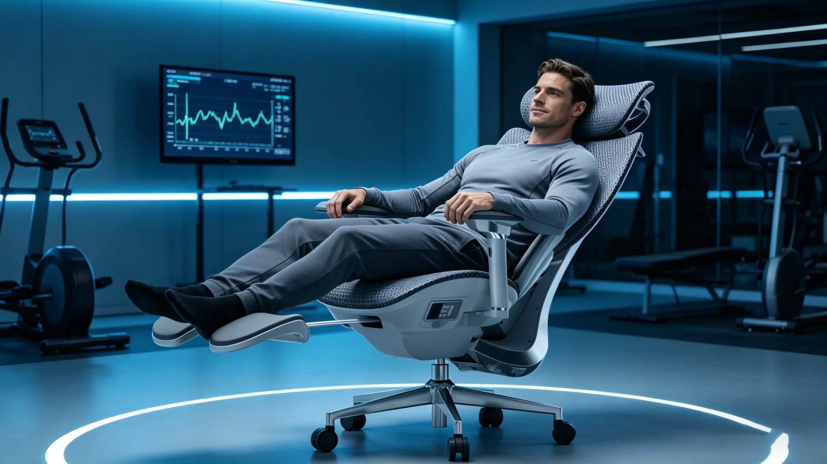A European human performance coach optimizing his flow state in the [**office chair most comfortable**].