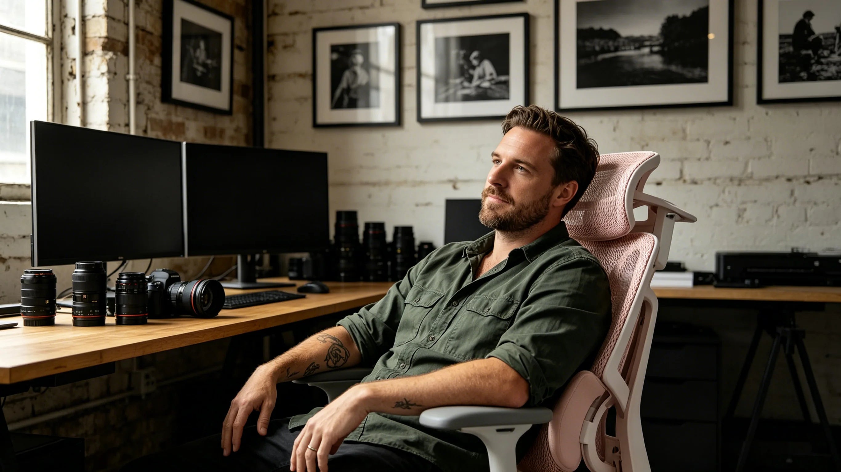 Oliver sitting in the [office chair most comfortable] at his editing desk in Melbourne.