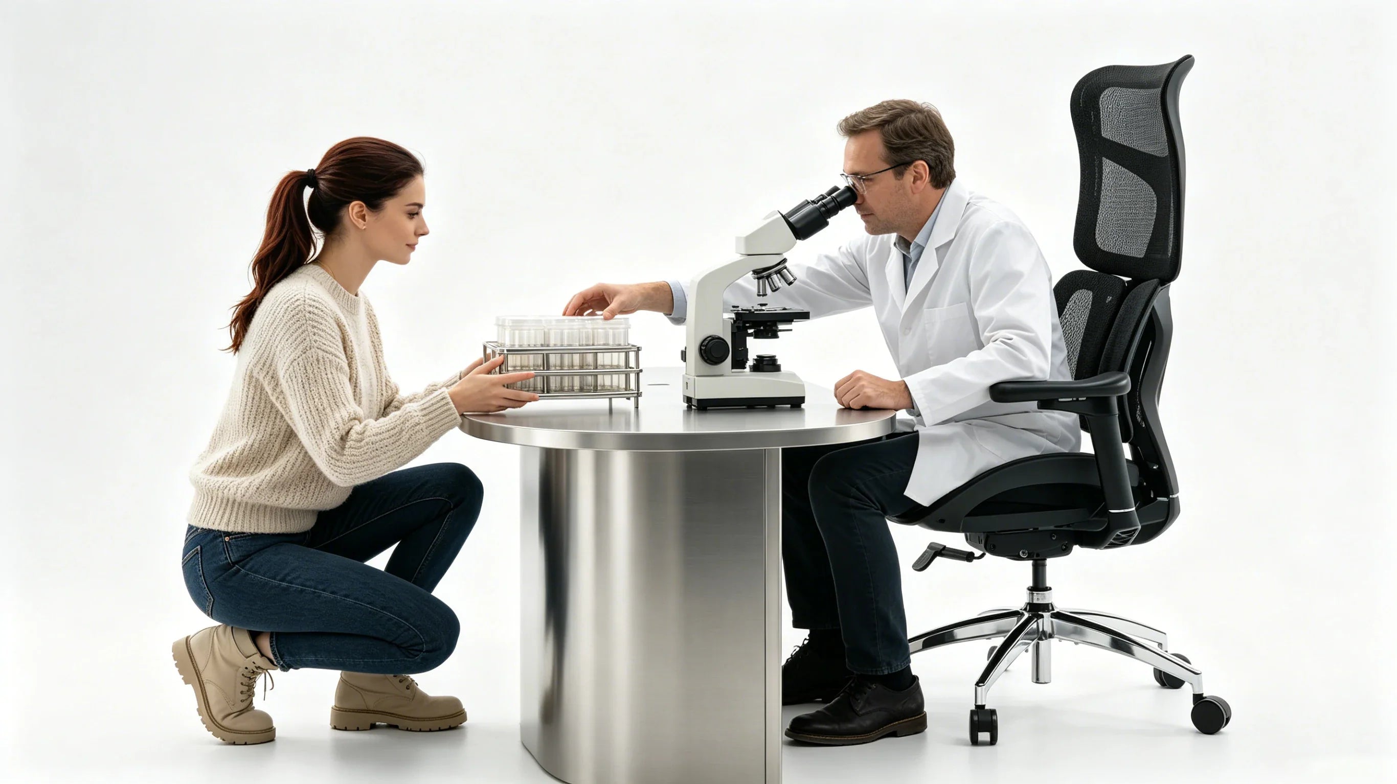 Full body shot of Dr. Sterling Vance operating a microscope while supported by an [office chair with lower back support].