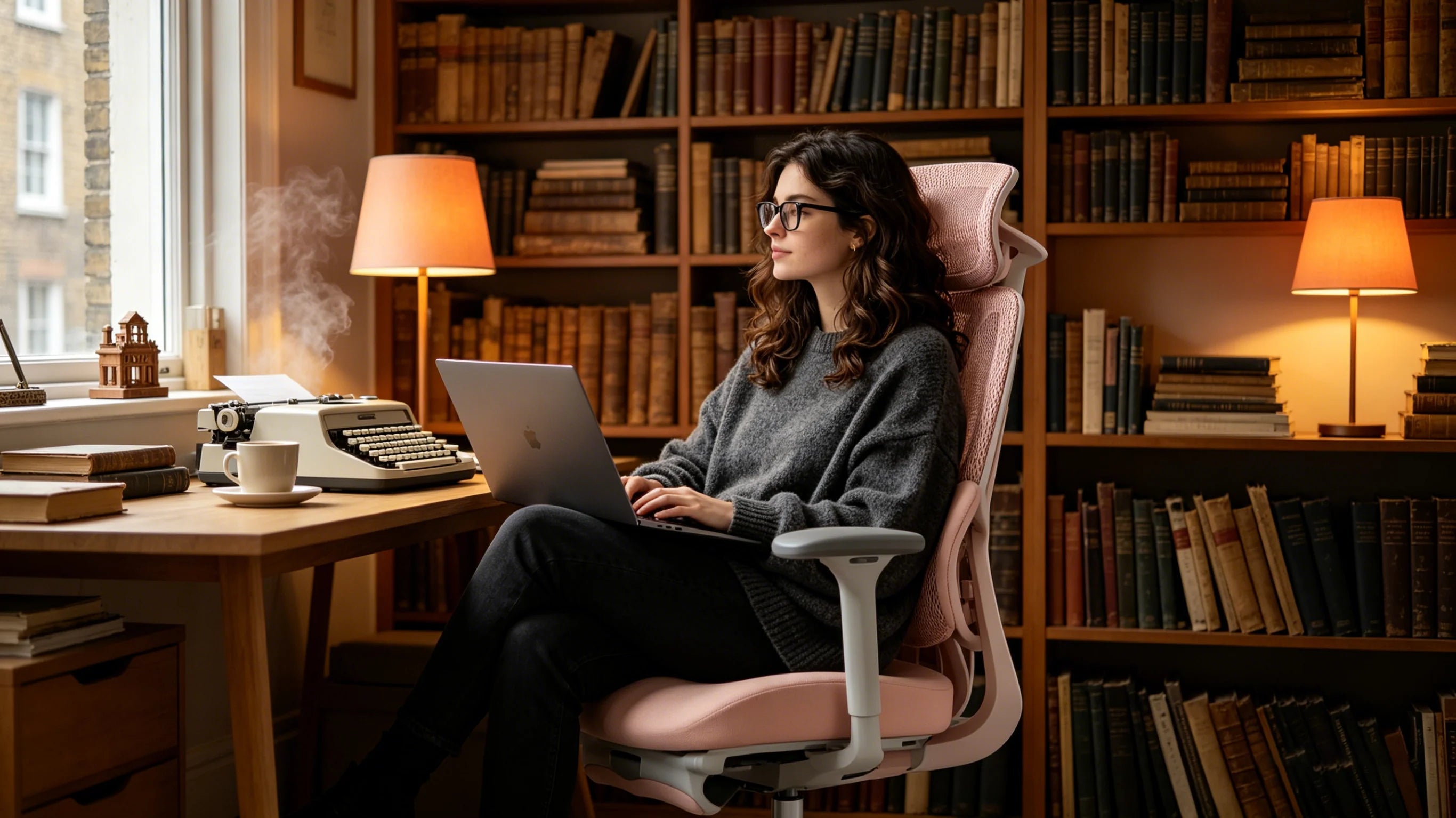Isla deep in thought while sitting in her pink AI-720 [office comfortable chair].