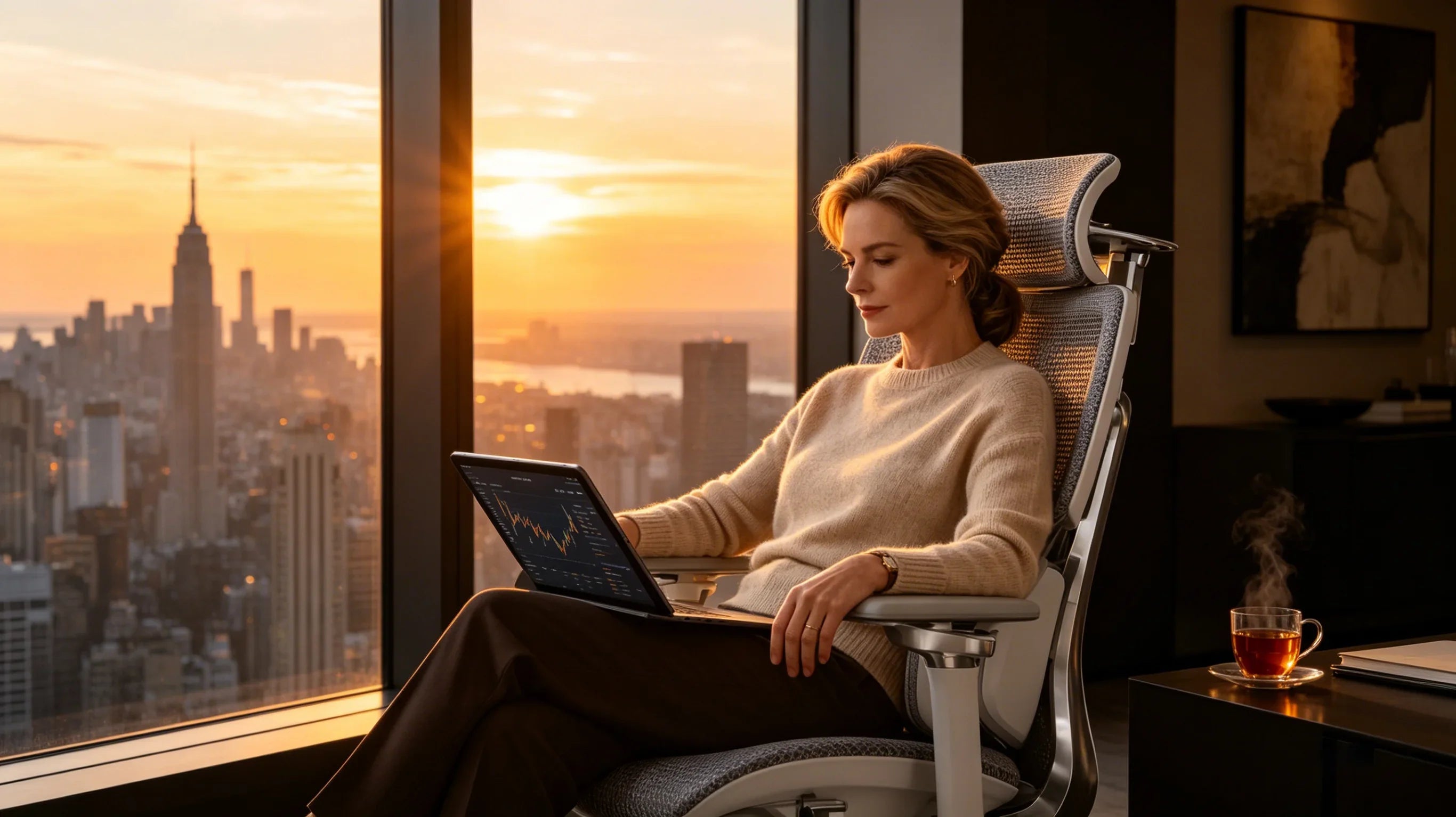 A senior European venture partner evaluating her portfolio in an [**office comfortable chair**].