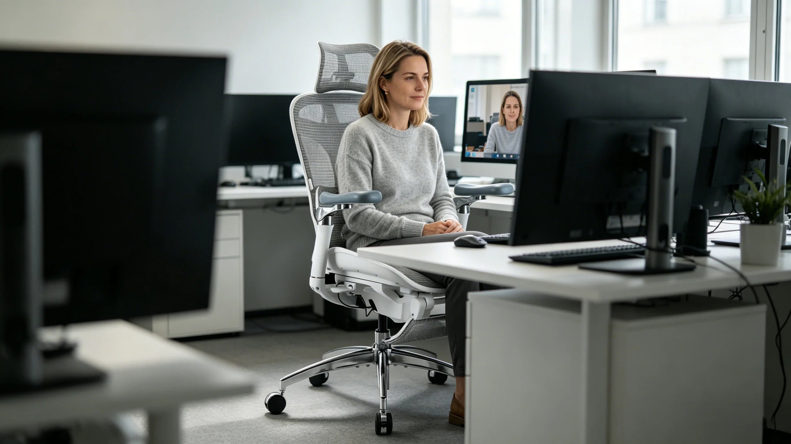 Full view of a 30-year-old female therapist in a grey sweater sitting in the [office comfortable chair] in her serene studio.