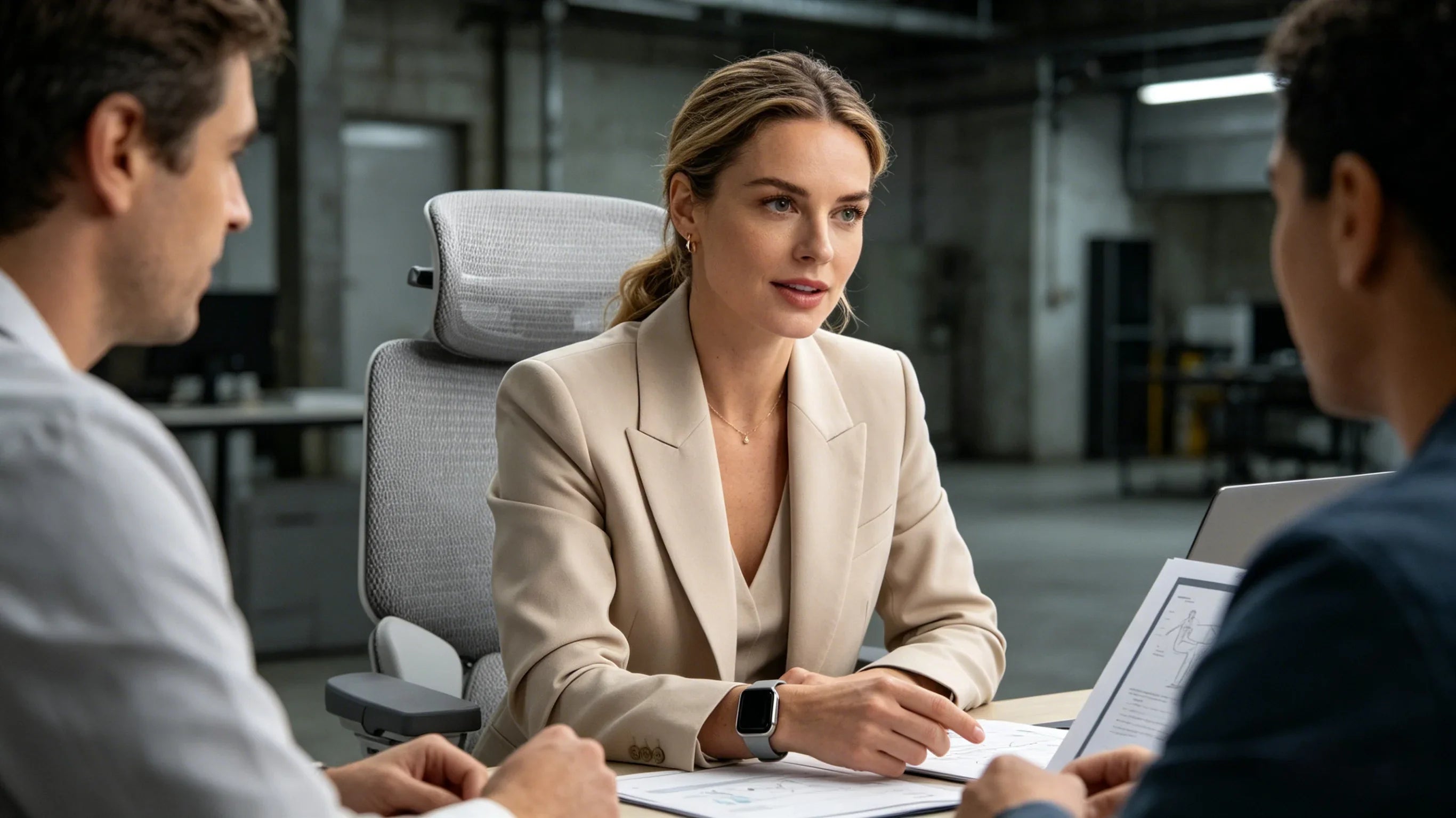 A professional European health consultant demonstrating the settings on an [**office desk chair adjustable**].