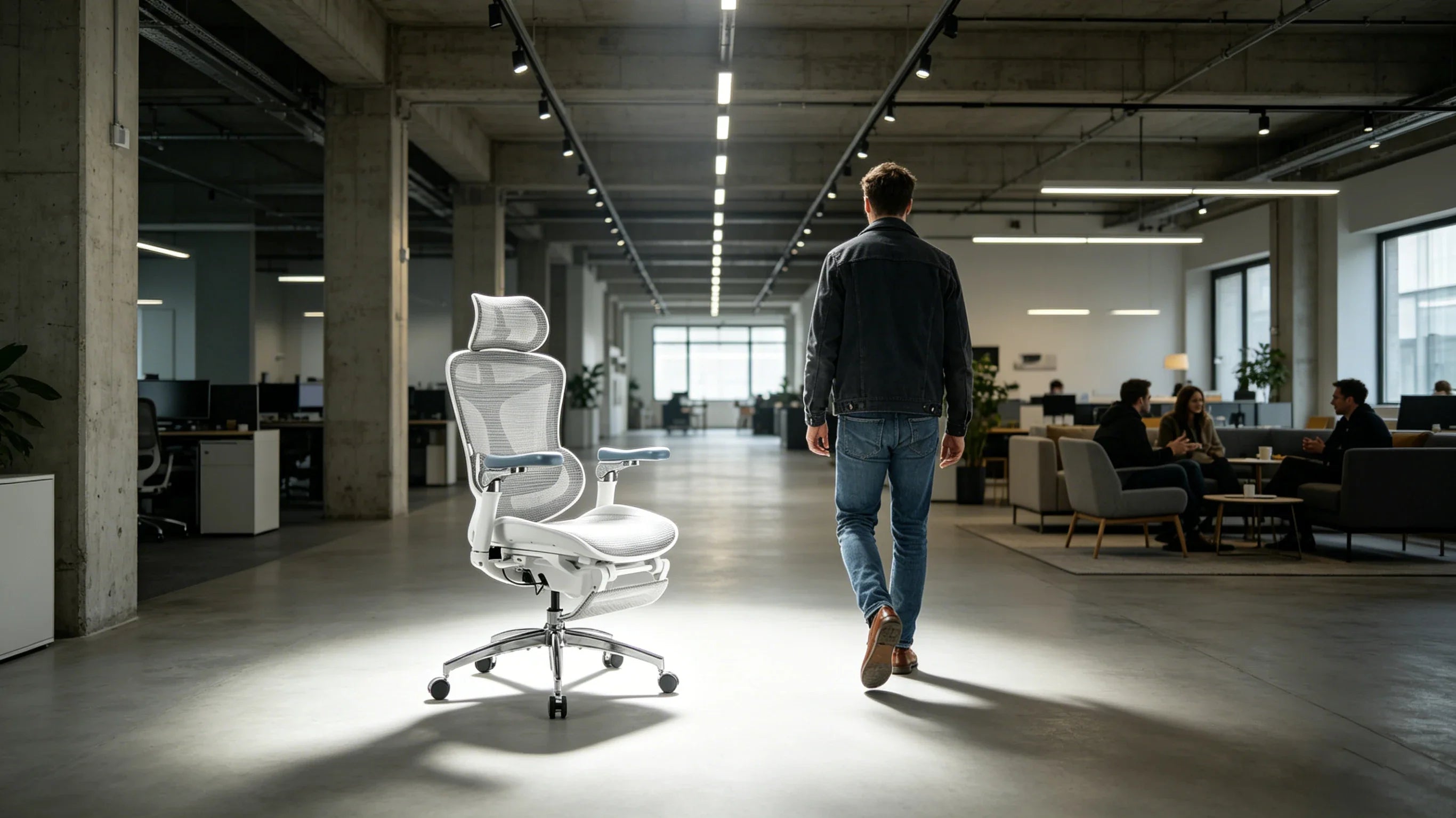 Full body view of a 42-year-old Caucasian male architect in a charcoal sweater testing the [office desk chair back support].