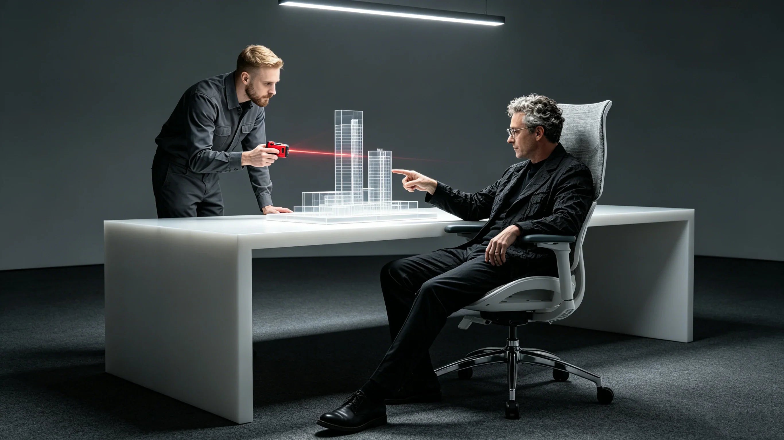 Full body shot of Aiden Vance drafting a structural blueprint while utilizing the [office desk chair back support] at the L-shaped white resin table.