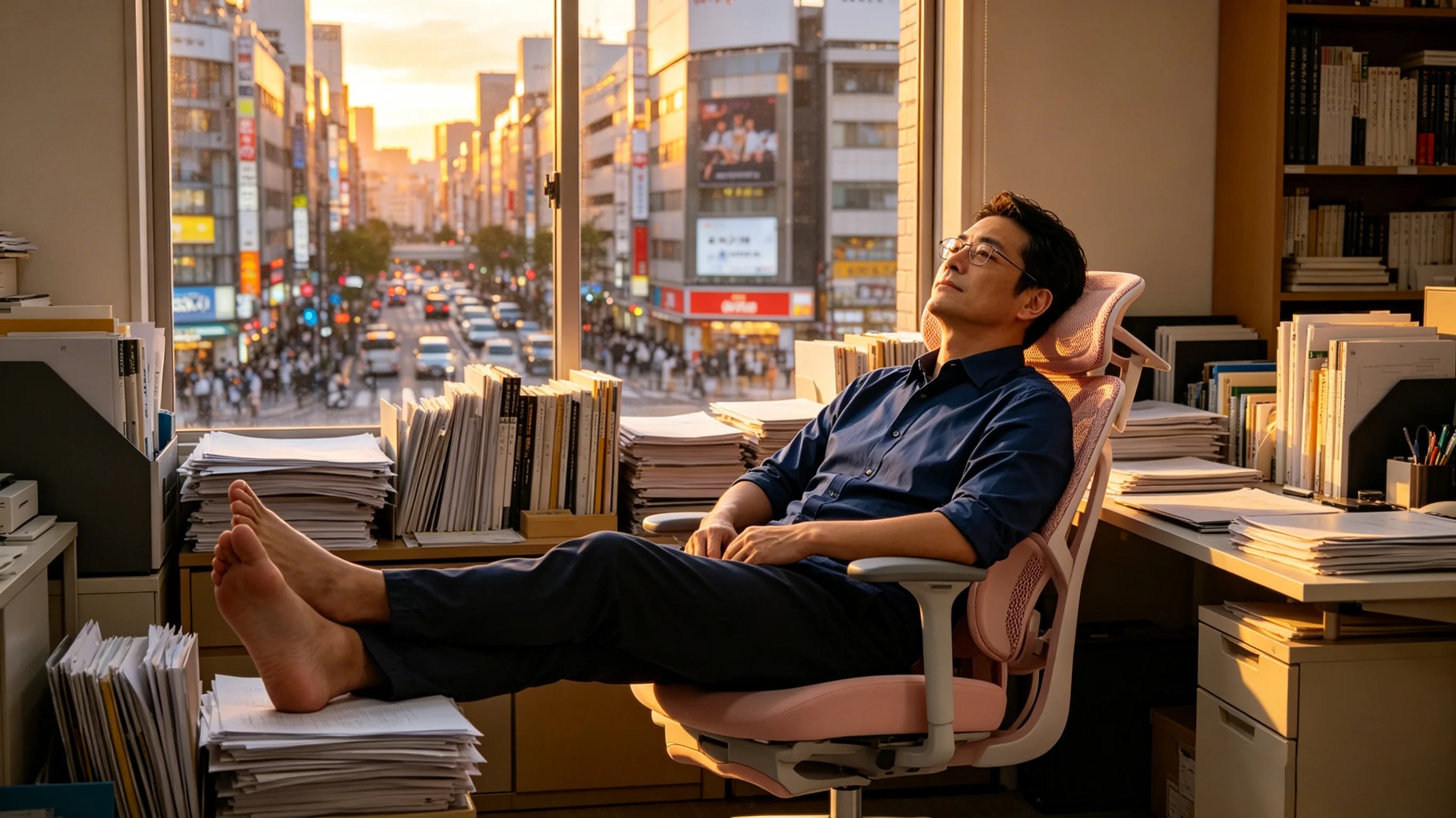Sato reviewing a manuscript while leaning into the [office desk chair back support] in Tokyo.
