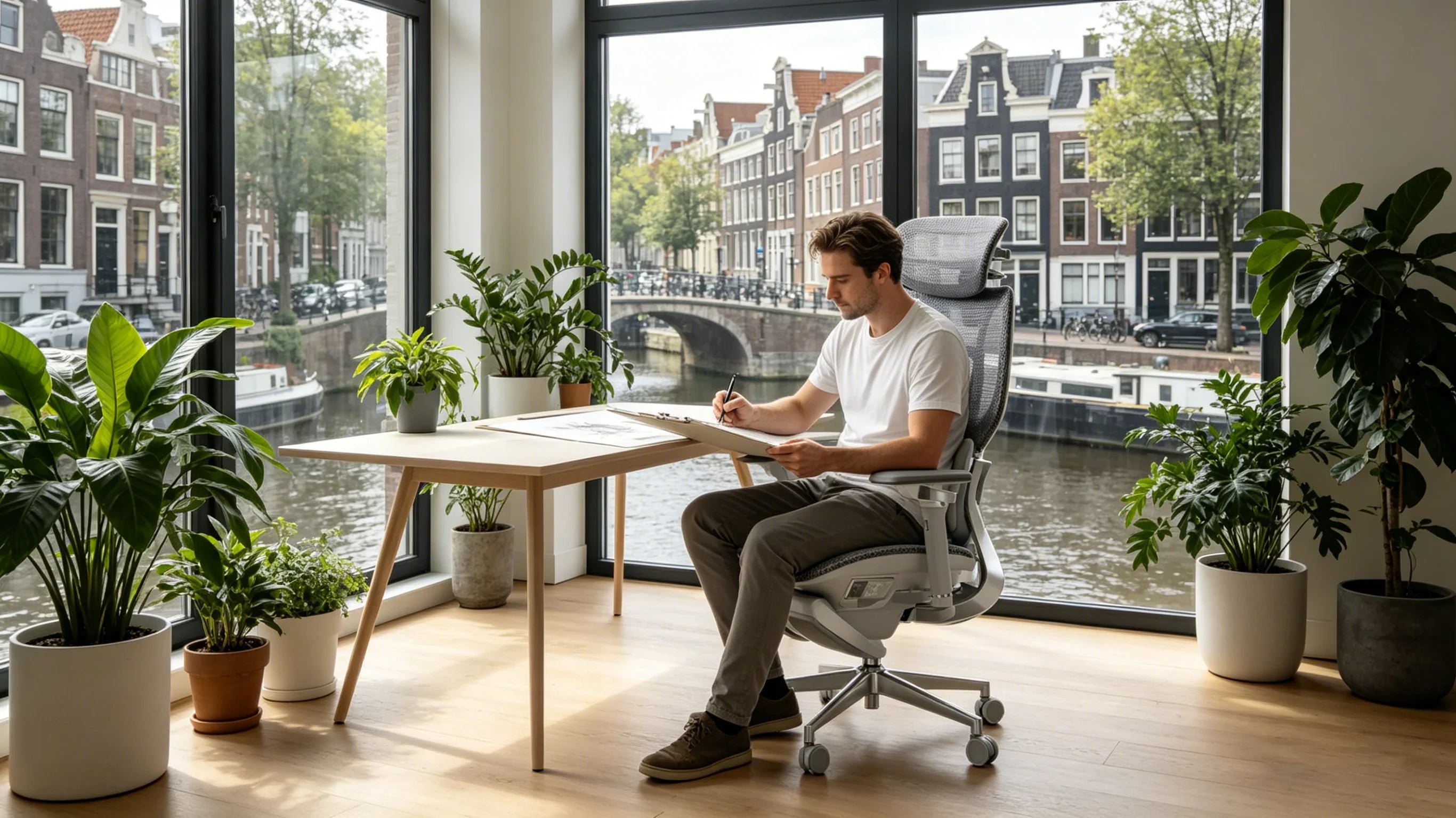 A European independent designer experiencing the [**office desk chair back support**] in a minimalist studio.
