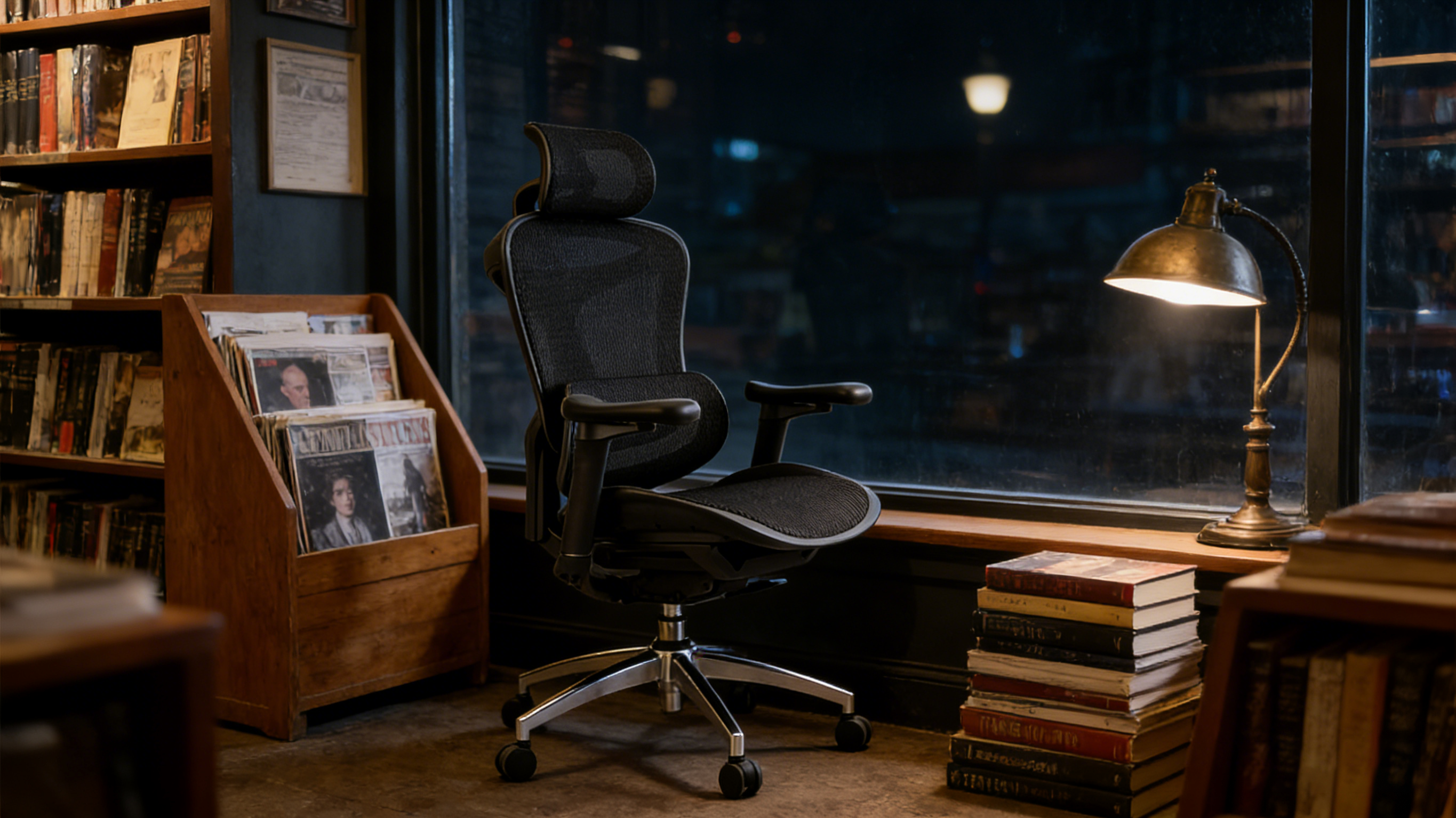 BIFMA-certified ergonomics chair showing the reinforced frame for high weight capacity.