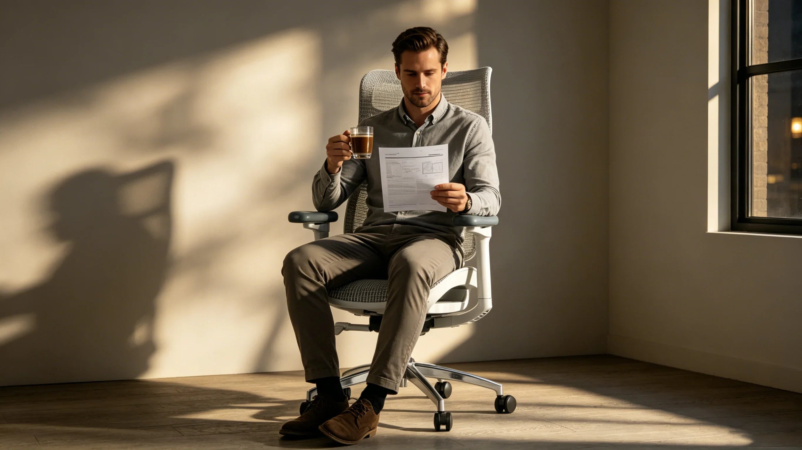 Full body shot of Gavin, a Caucasian male, sitting deeply in the [office mesh chair] inside a smart grid control center, displaying complete body integrity from head to toe.