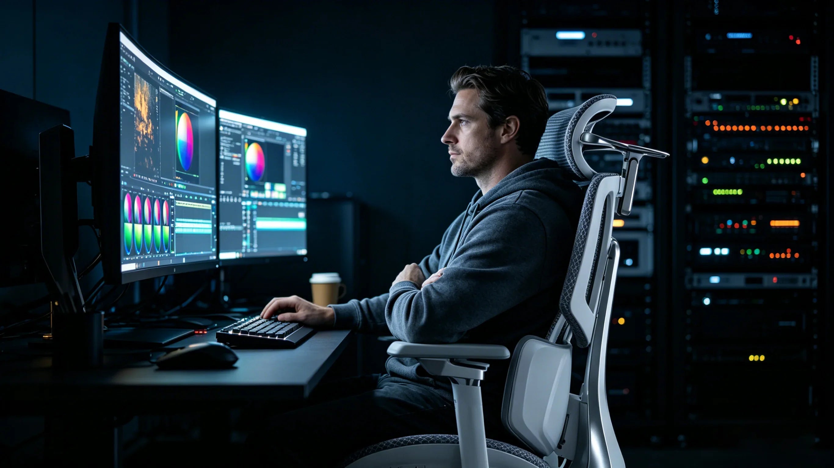 A European video editor maintaining deep focus in his [**office mesh chair**].