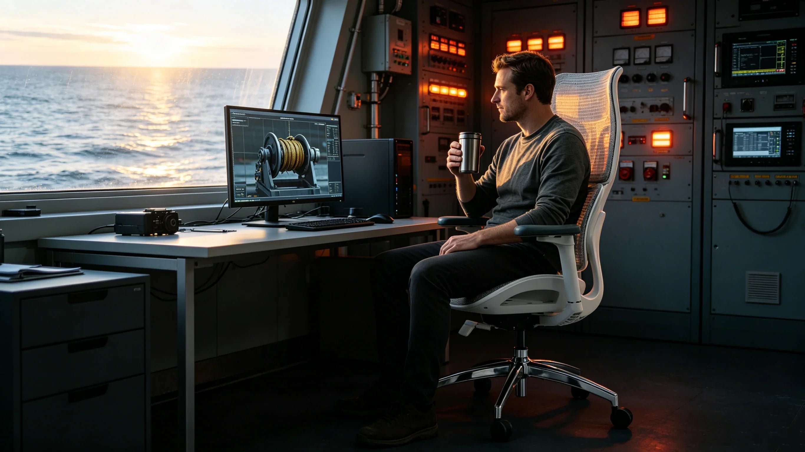 Full body shot of Garrick, a Caucasian marine director, sitting deeply in the [office comfortable chair] inside a metallic offshore control room, entire body profile visible from head to toe.