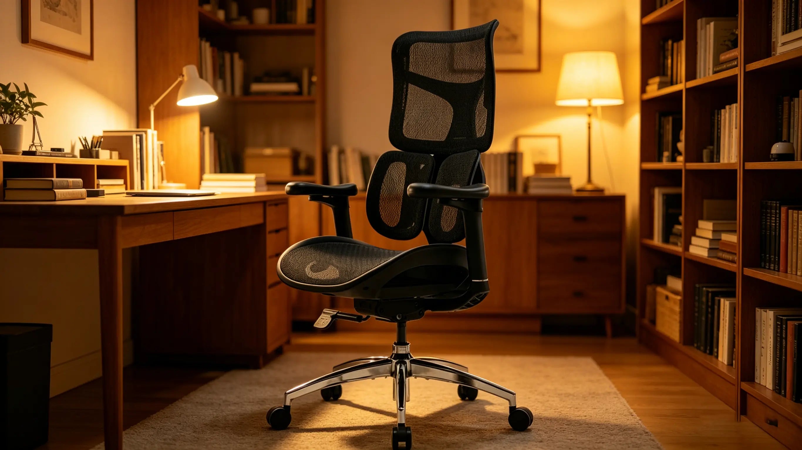 Rear view showing the bionic dual-wing support system of the best office chair for back pain providing spinal and pelvic alignment.