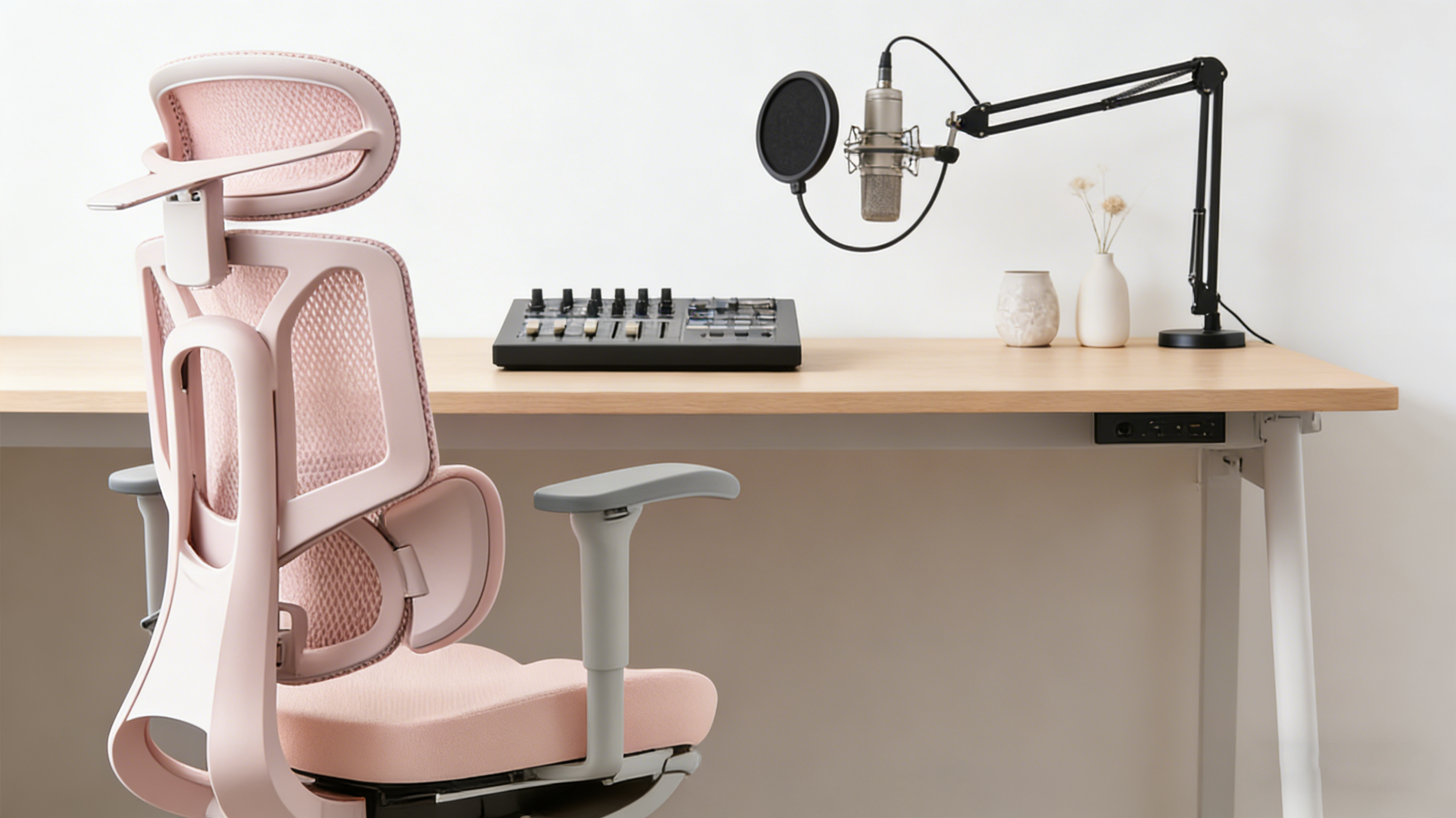 Female podcaster recording in a silent pink ergonomic office chair