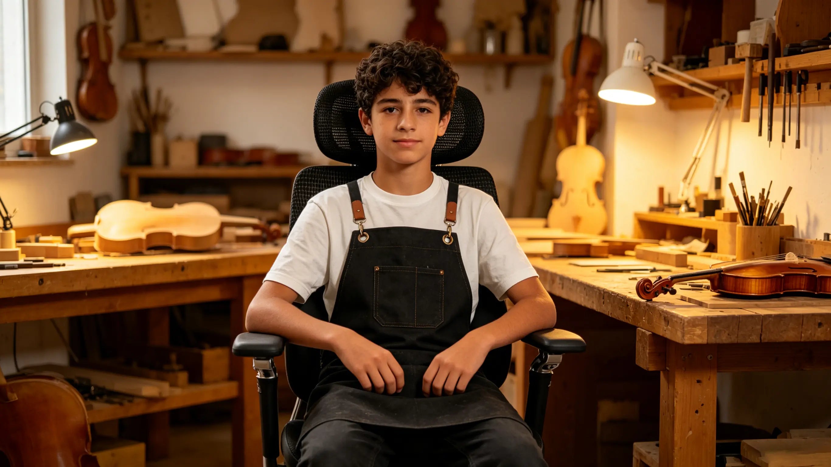Lucas, aprendiz de luthier de 15 años, tallando el mástil de una guitarra sentado en su silla ergonómica Ergo Select en Sevilla.