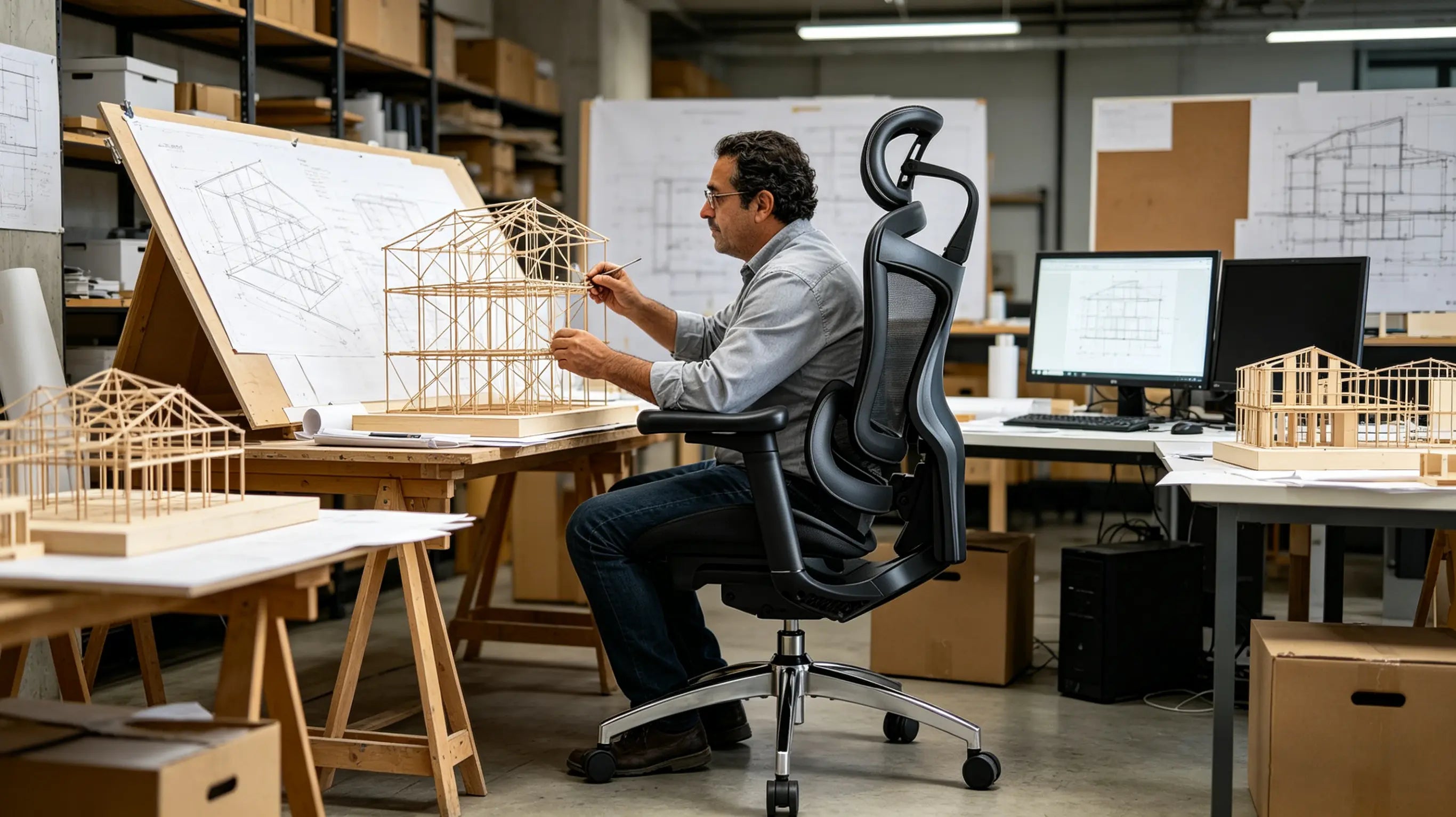 Javier designing structural frameworks while sitting on his High Back Ergonomic Mesh Task Chair in Bilbao.