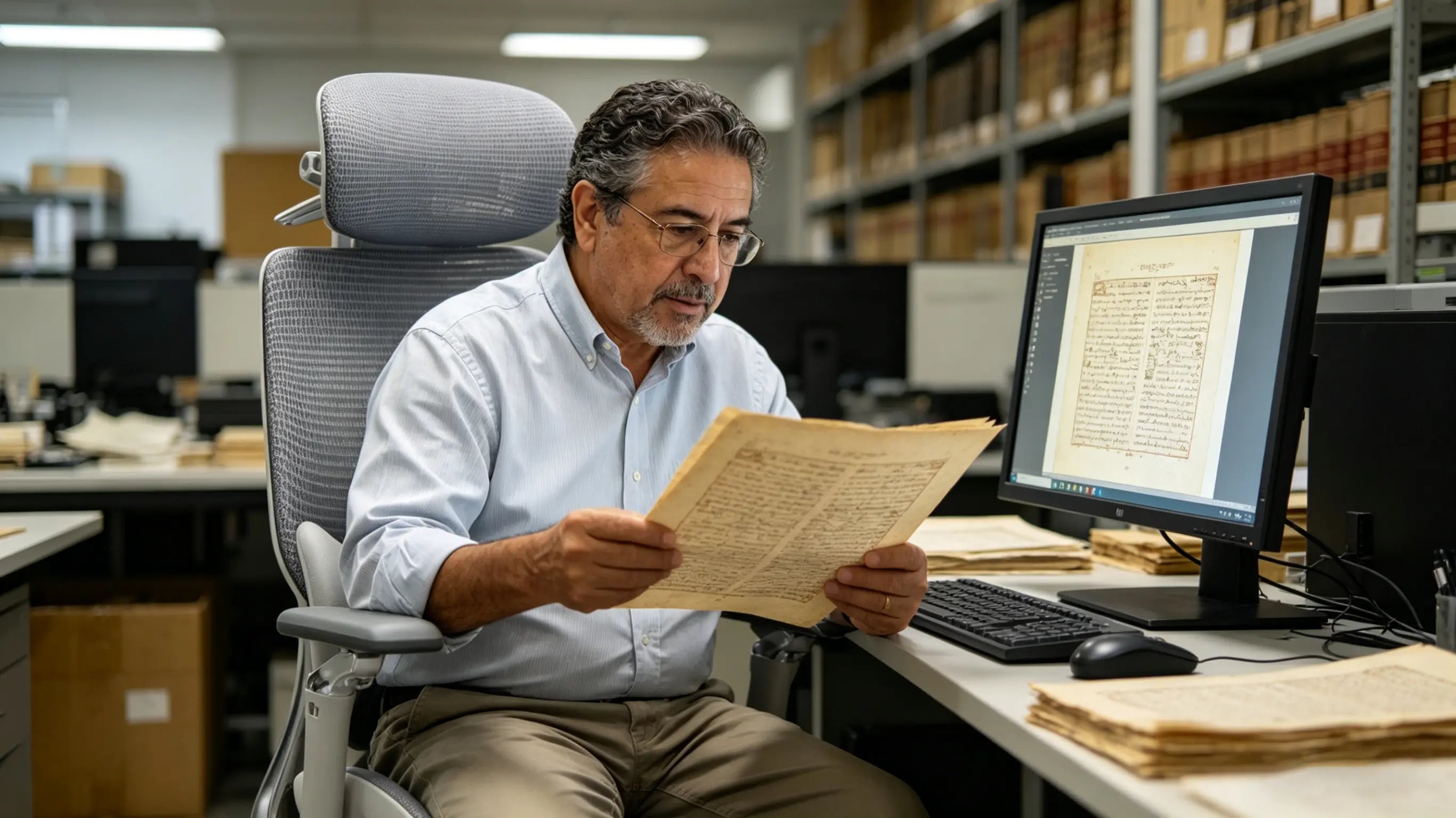 Tomás, experto de 58 años, escaneando códices antiguos sentado en su silla oficina Ergo Select en Salamanca.