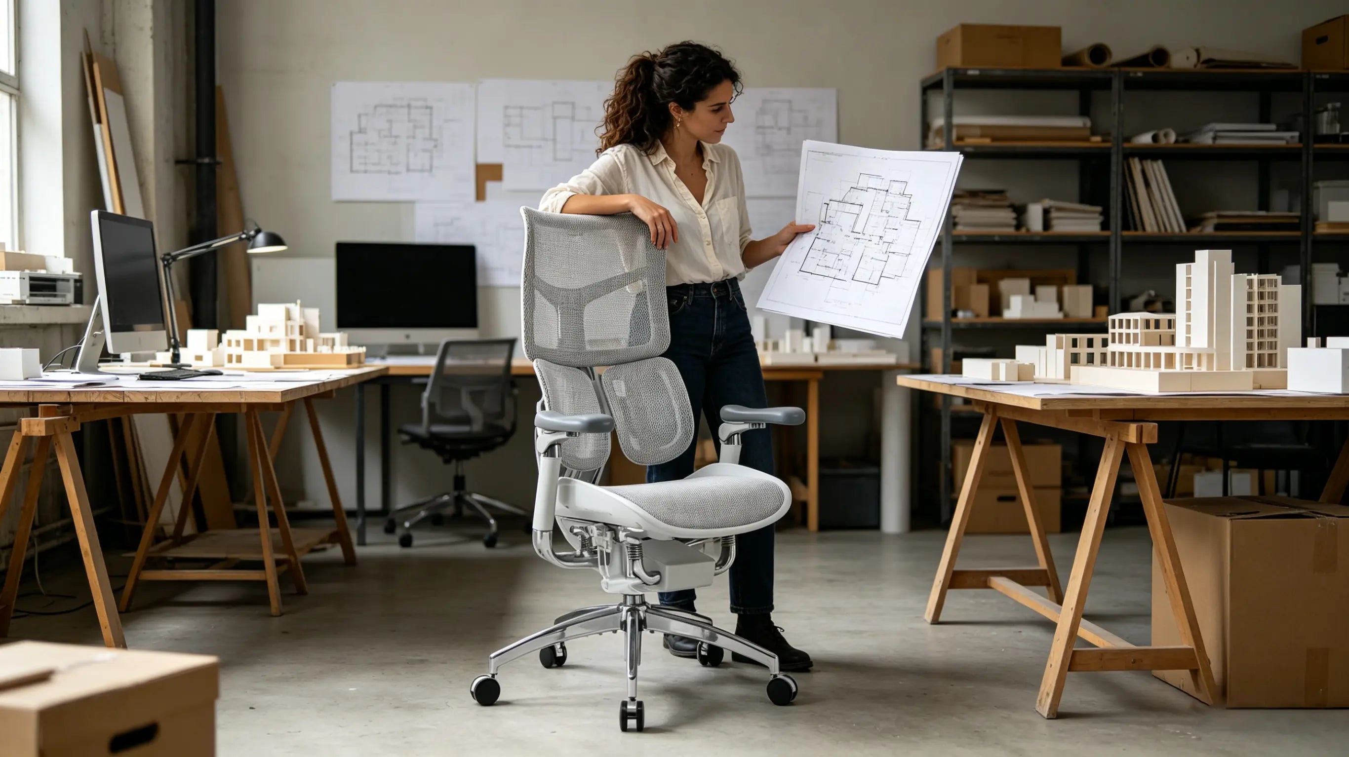 Raúl revisando planos de un edificio sentado en su sillón ergonómico de Ergo Select en Santiago.