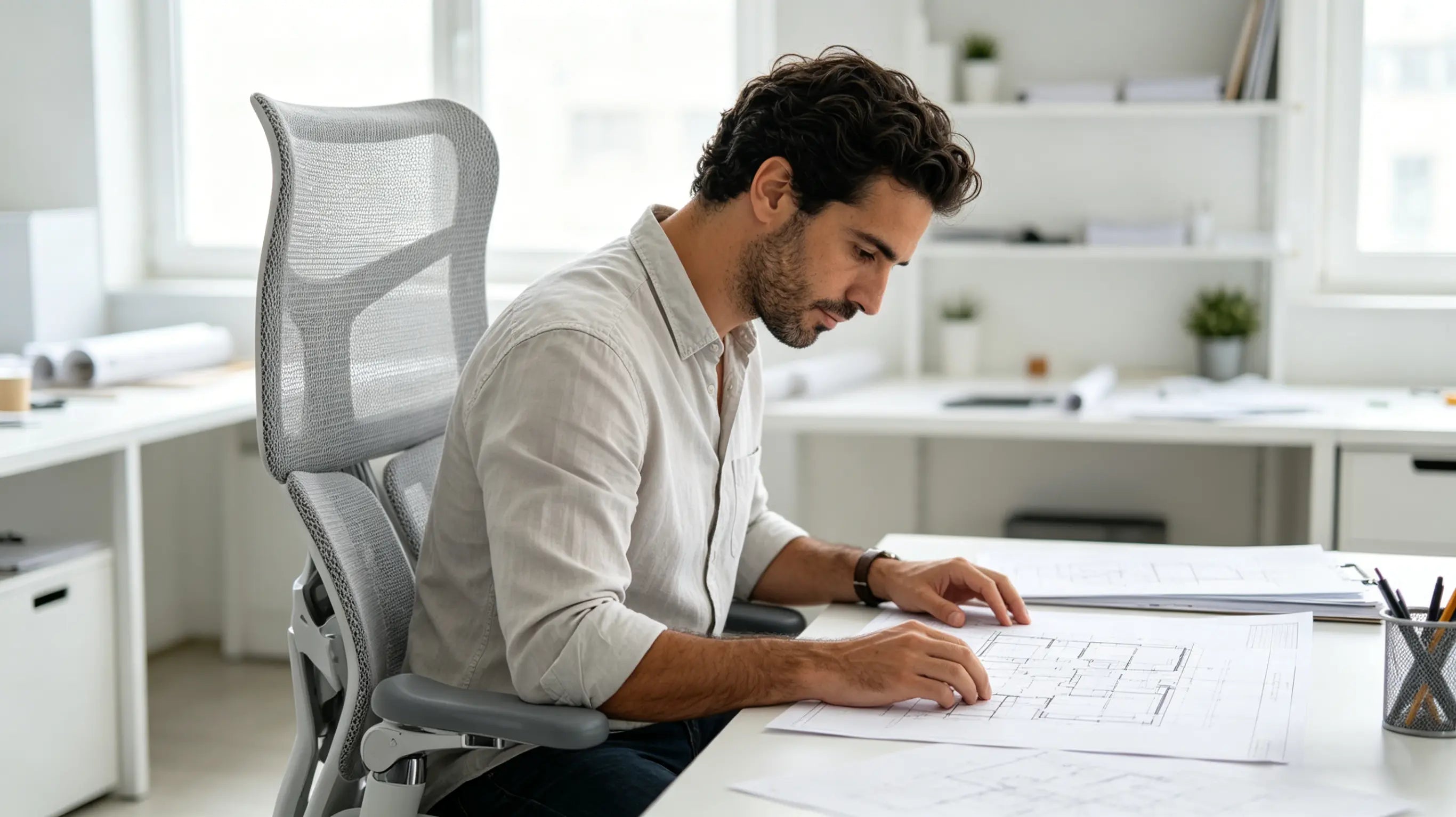 Diego reviewing architectural plans and models while sitting on his sillón ergonómico of Ergo Select in Santiago.