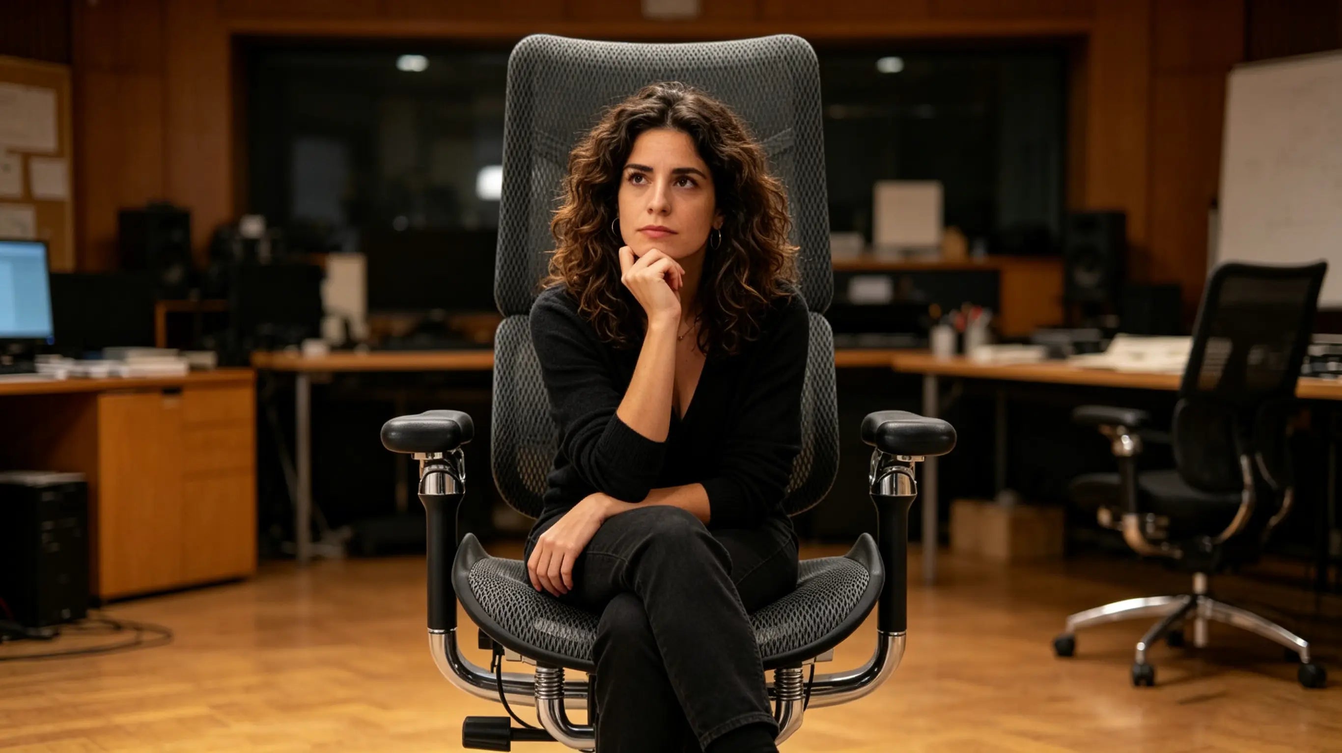 Aina reviewing festival plans and schedules while sitting on her sillón ergonómico of Ergo Select in Gijón.