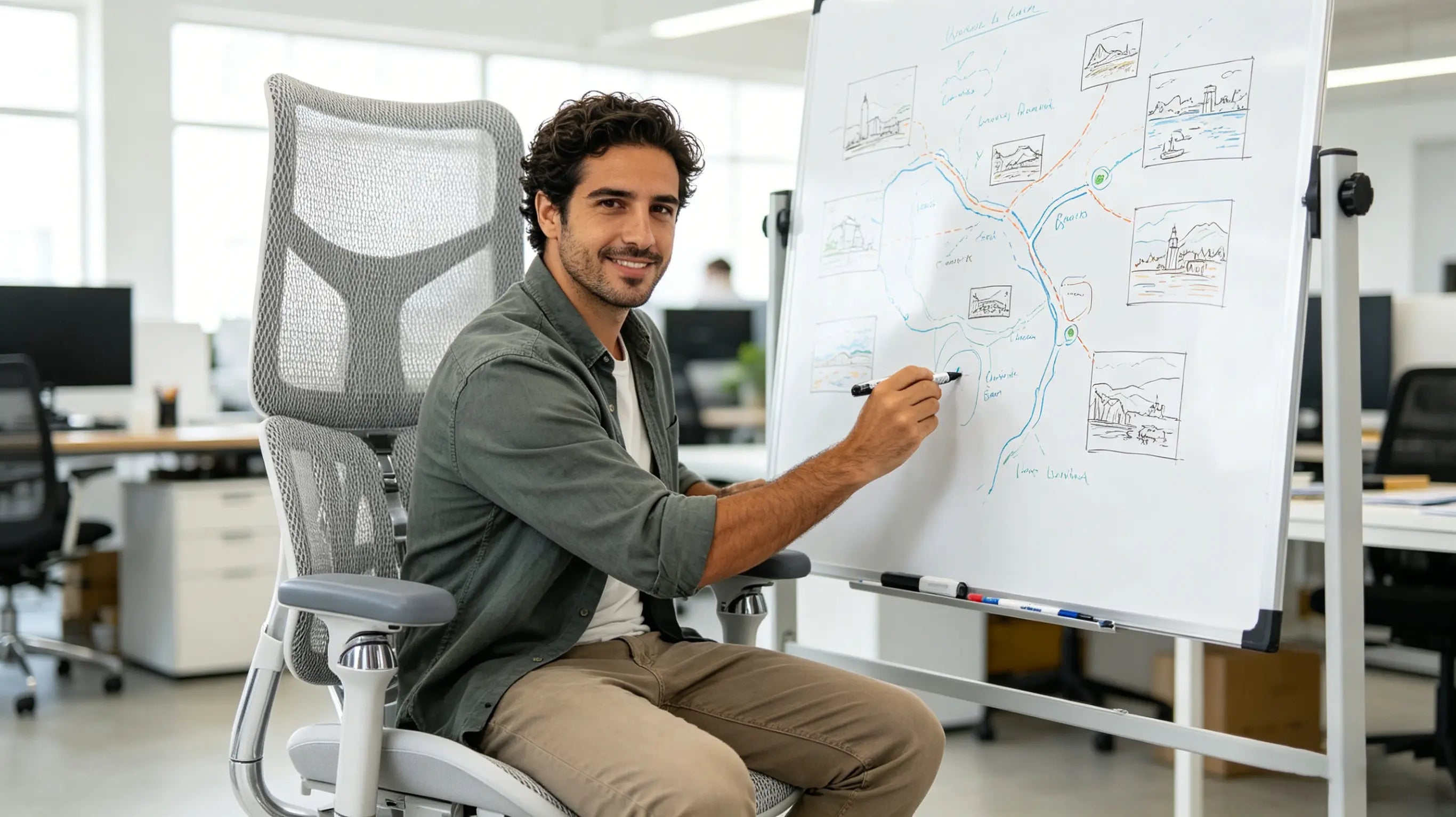 Nerea diseñando rutas y experiencias a medida sentada en su sillón ergonómico de Ergo Select en Tenerife.